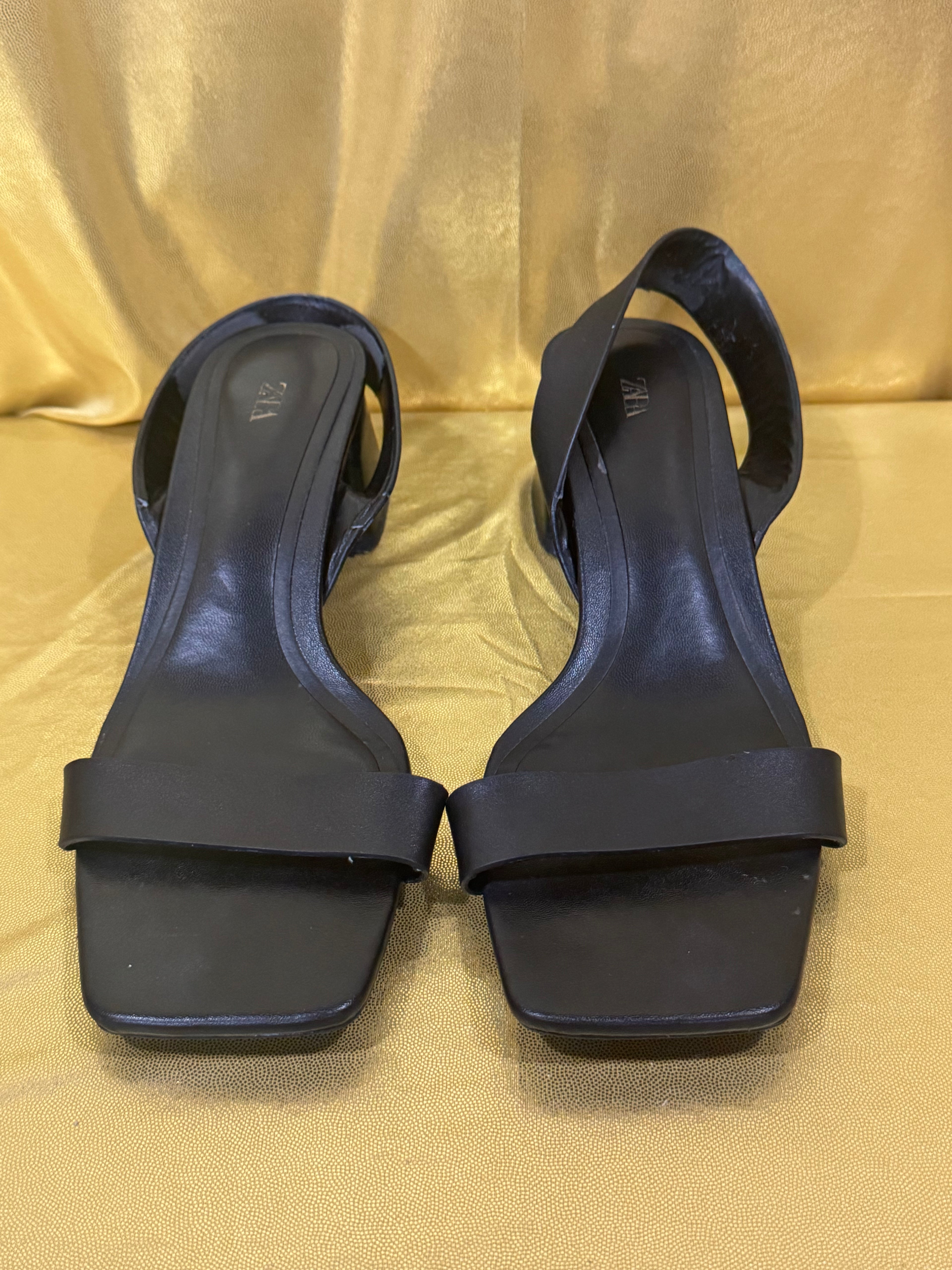 Zara Black Square-Toe Block-Heel Sandals – Size 40