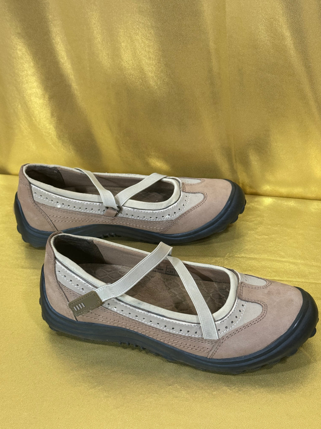 Lands' End Suede & Canvas Mary Jane Flats - Beige & Cream - Women's Size 7