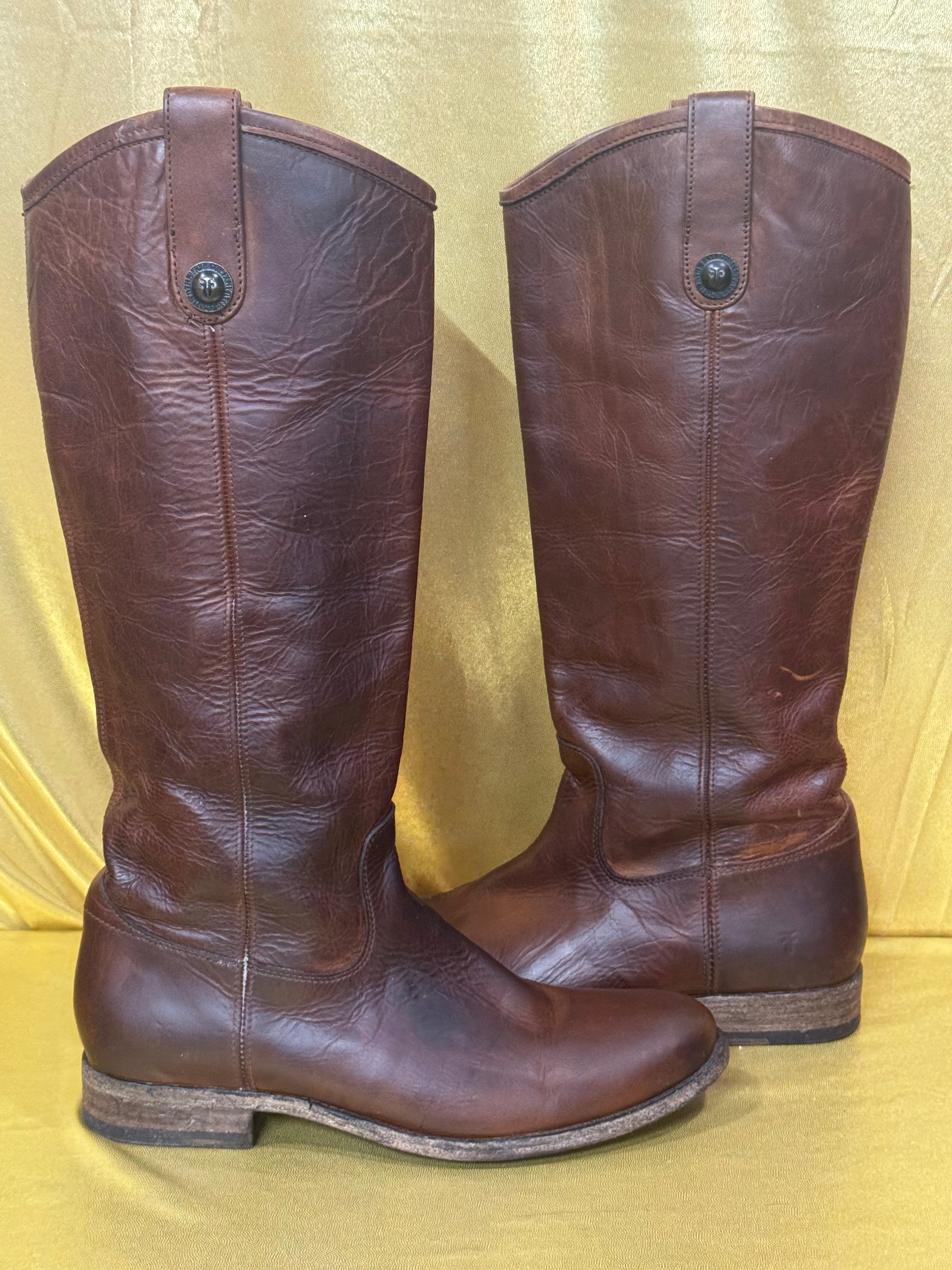 Frye Melissa Button Tall Leather Riding Boots - Cognac Brown, Size 8