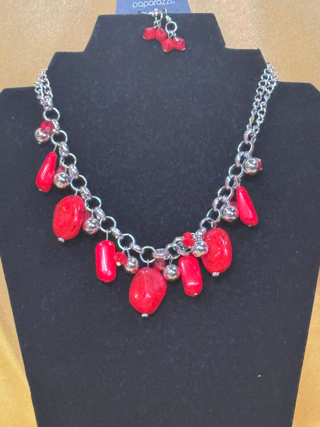 Paparazzi "I Want To Sea The World" Red Stone & Silver Chunky Statement Necklace Set