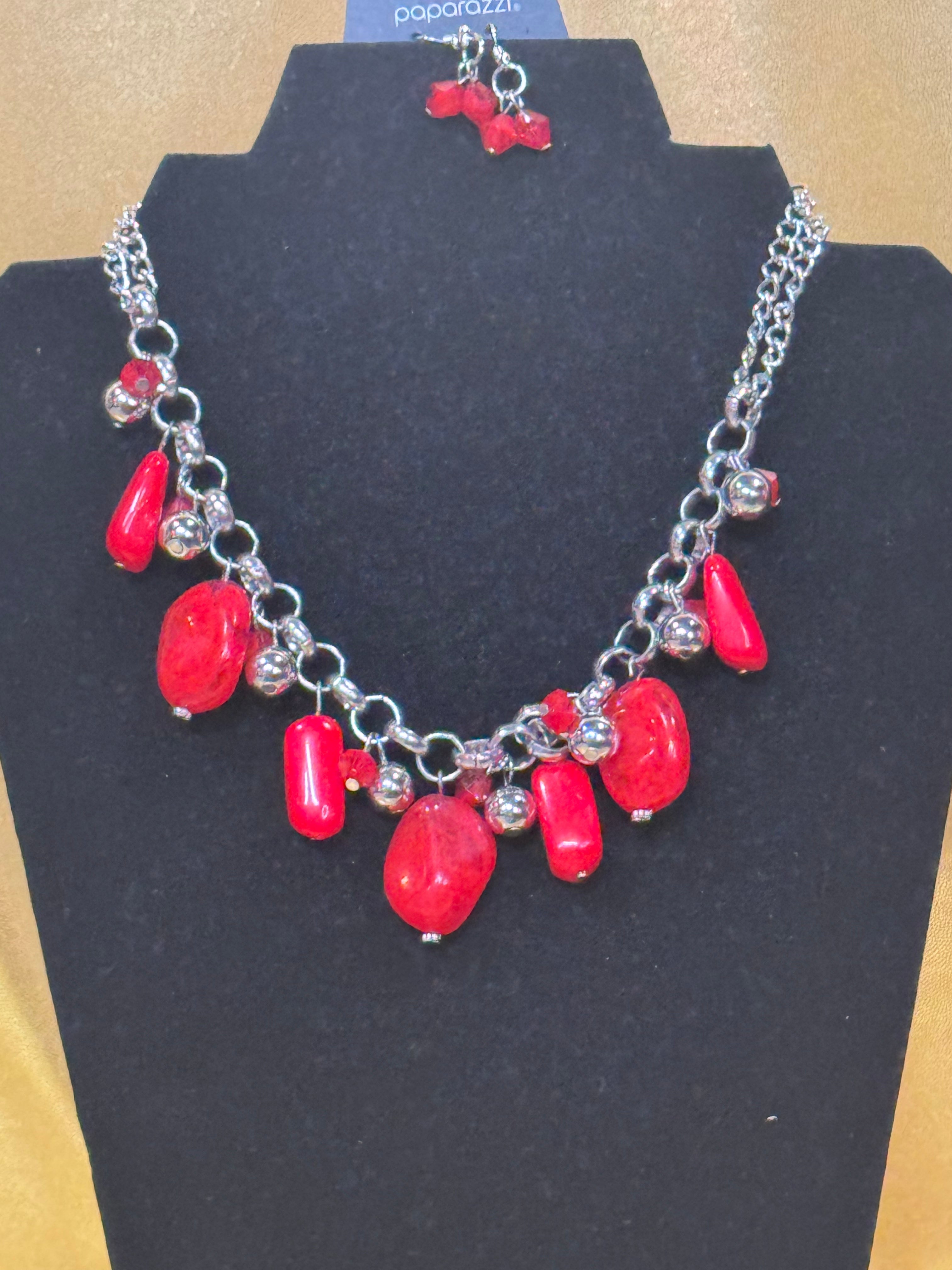 Paparazzi "I Want To Sea The World" Red Stone & Silver Chunky Statement Necklace Set