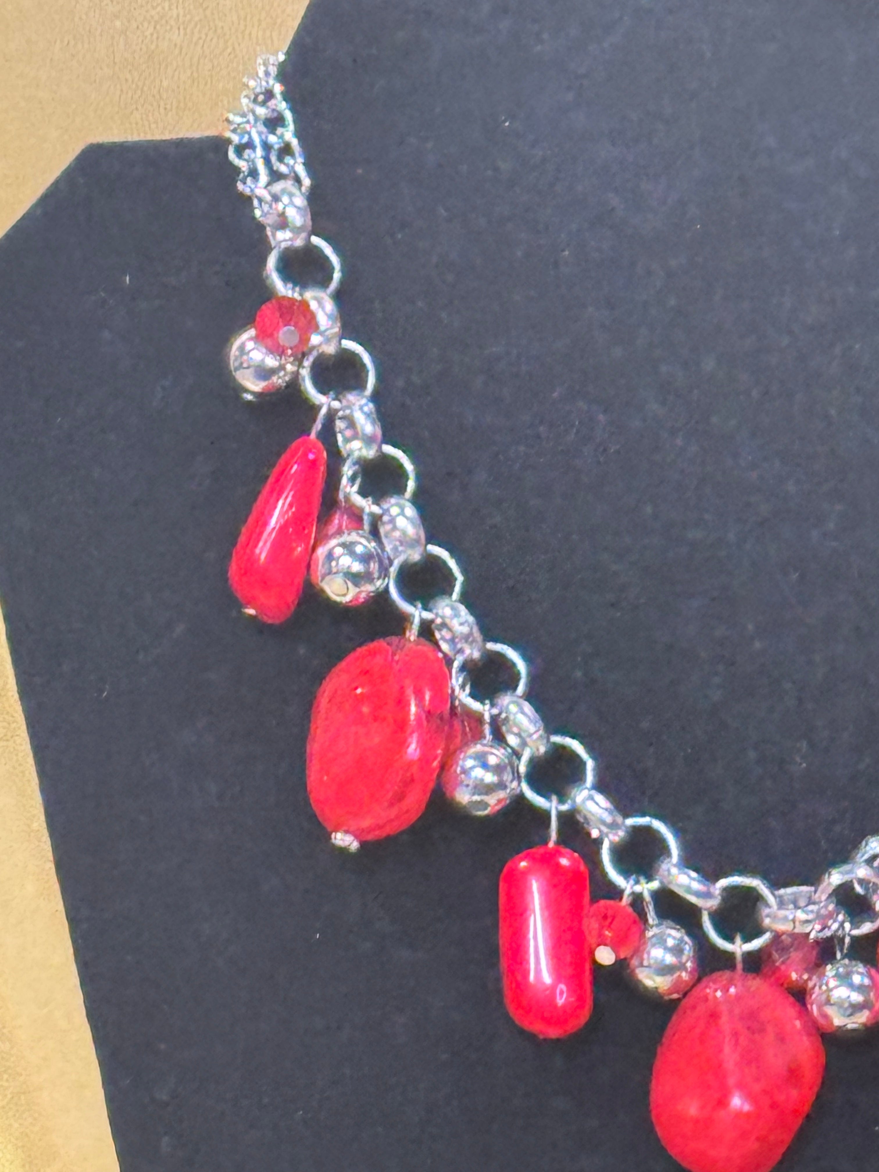 Paparazzi "I Want To Sea The World" Red Stone & Silver Chunky Statement Necklace Set