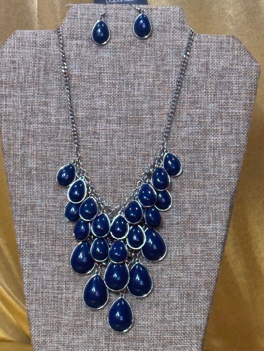 NWT Paparazzi "Shop 'Til You Teardrop" Navy Blue Statement Necklace & Earrings Set