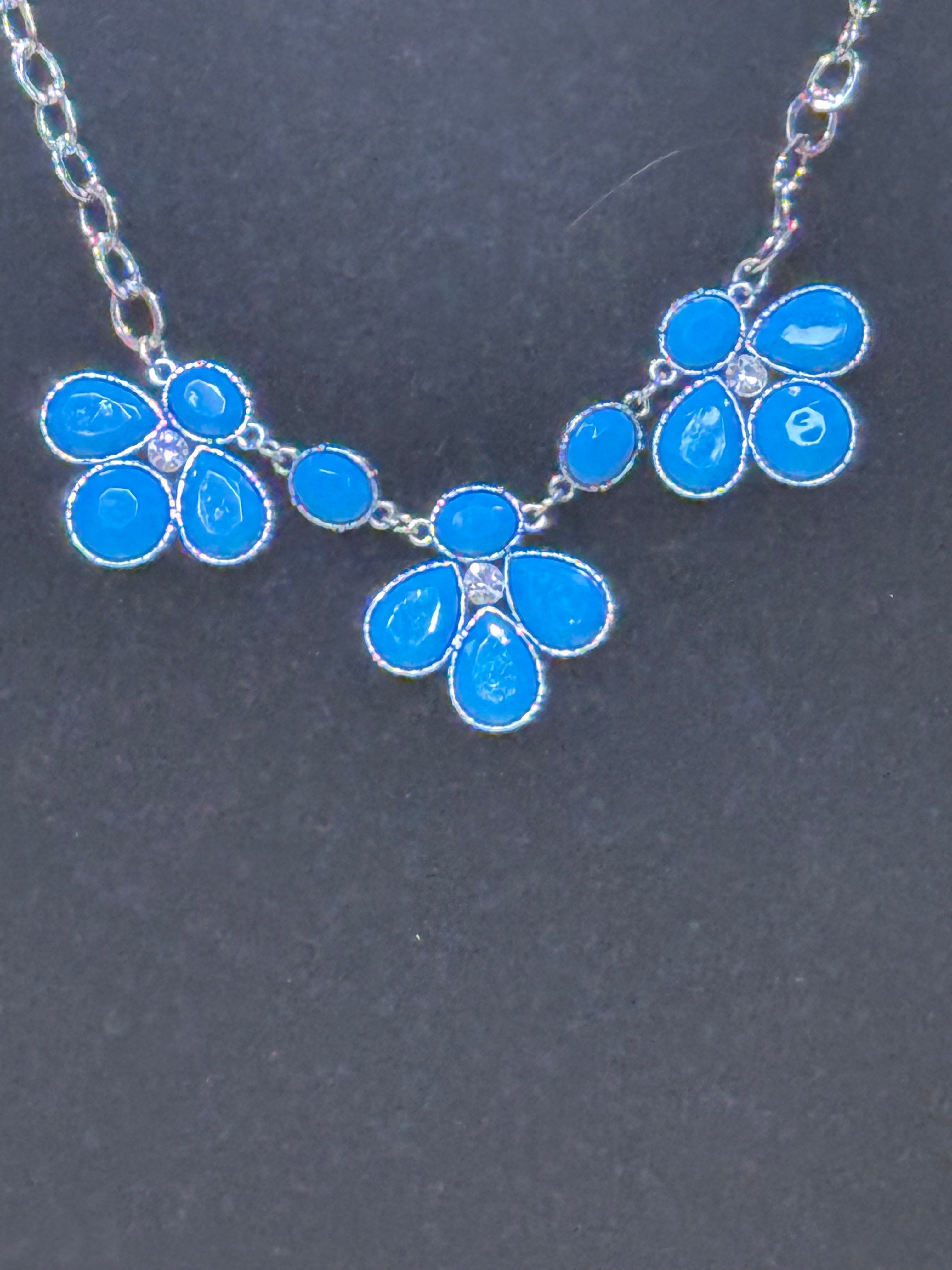 Paparazzi "SELFIE-Worth" Blue Bead Floral Silver Statement Necklace & Earring Set