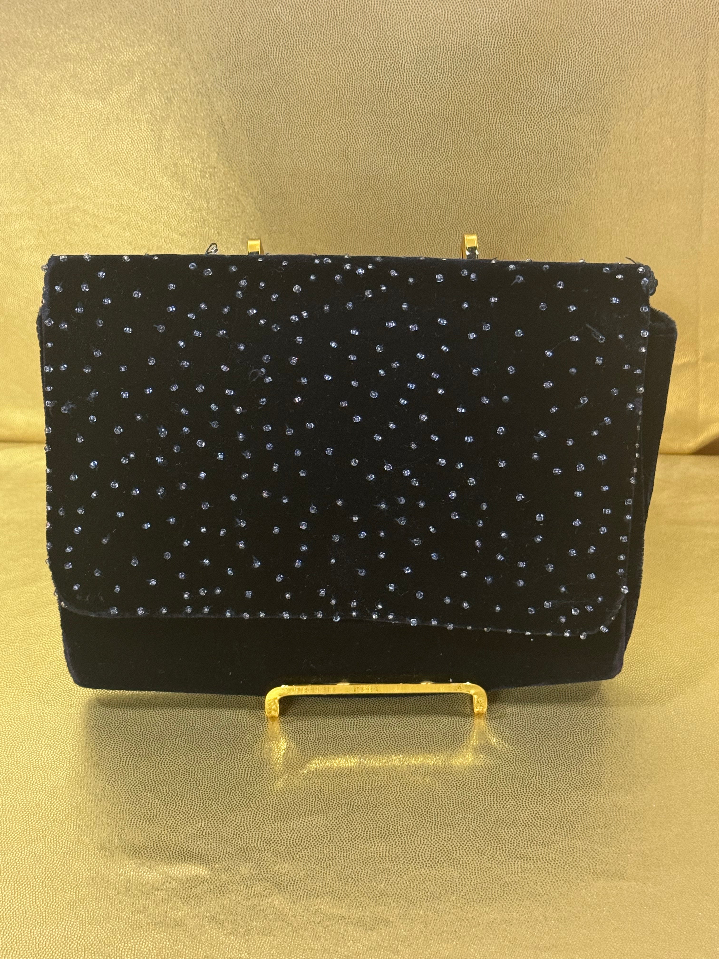 Vintage Carla Marchi Black Velvet Beaded Evening Bag - Handmade