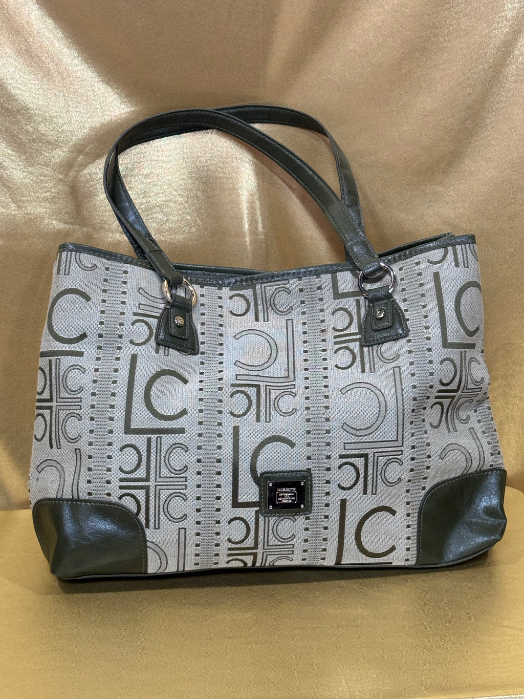 Liz Claiborne Classic Green Monogram Jacquard Shoulder Bag Tote
