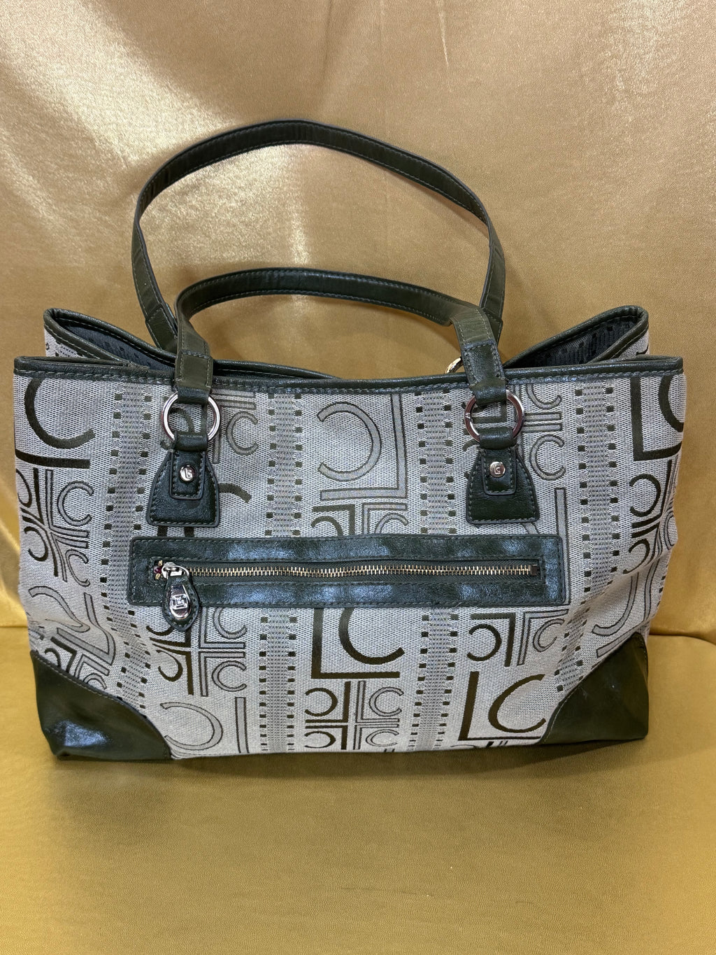 Liz Claiborne Classic Green Monogram Jacquard Shoulder Bag Tote