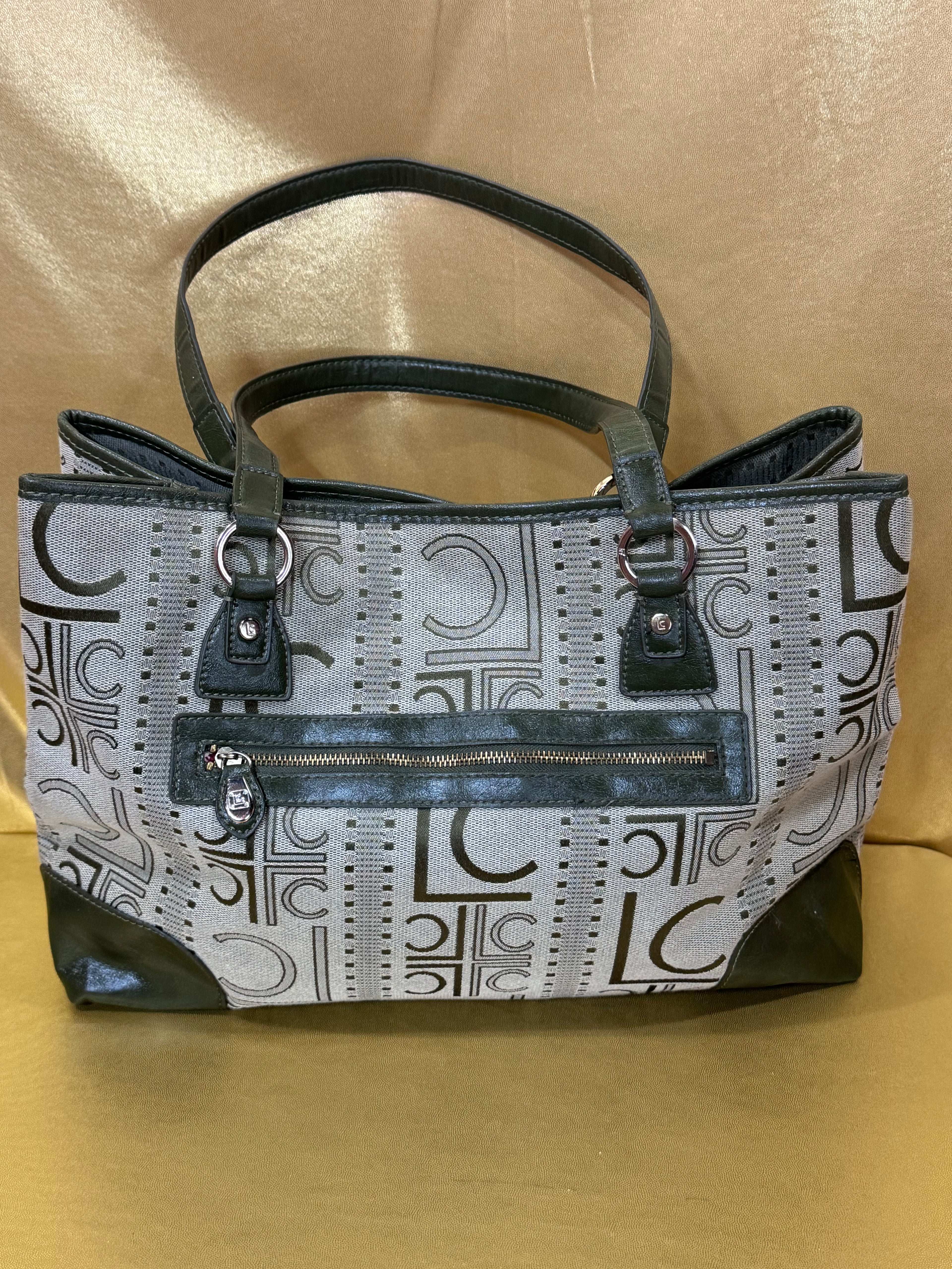 Liz Claiborne Classic Green Monogram Jacquard Shoulder Bag Tote