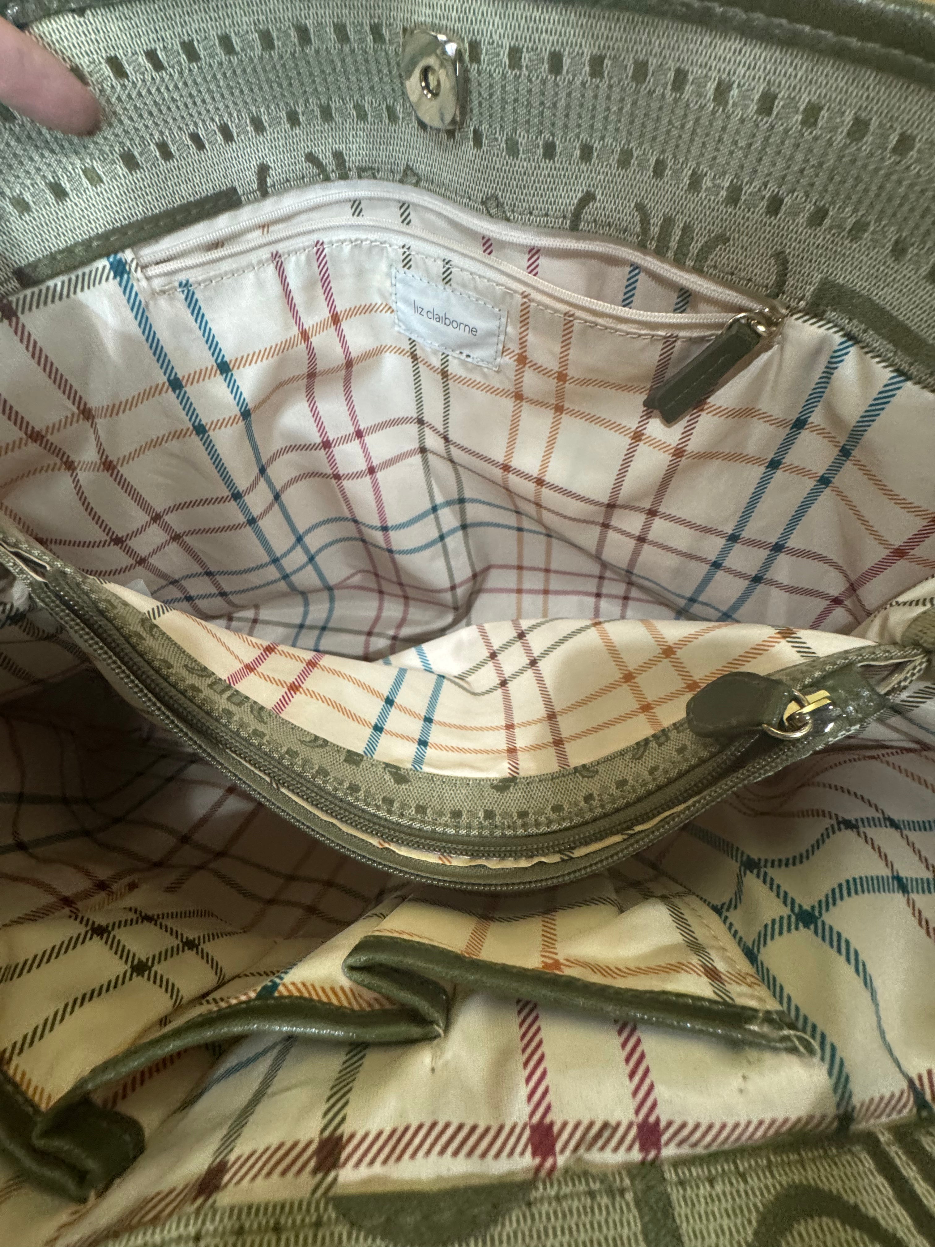 Liz Claiborne Classic Green Monogram Jacquard Shoulder Bag Tote