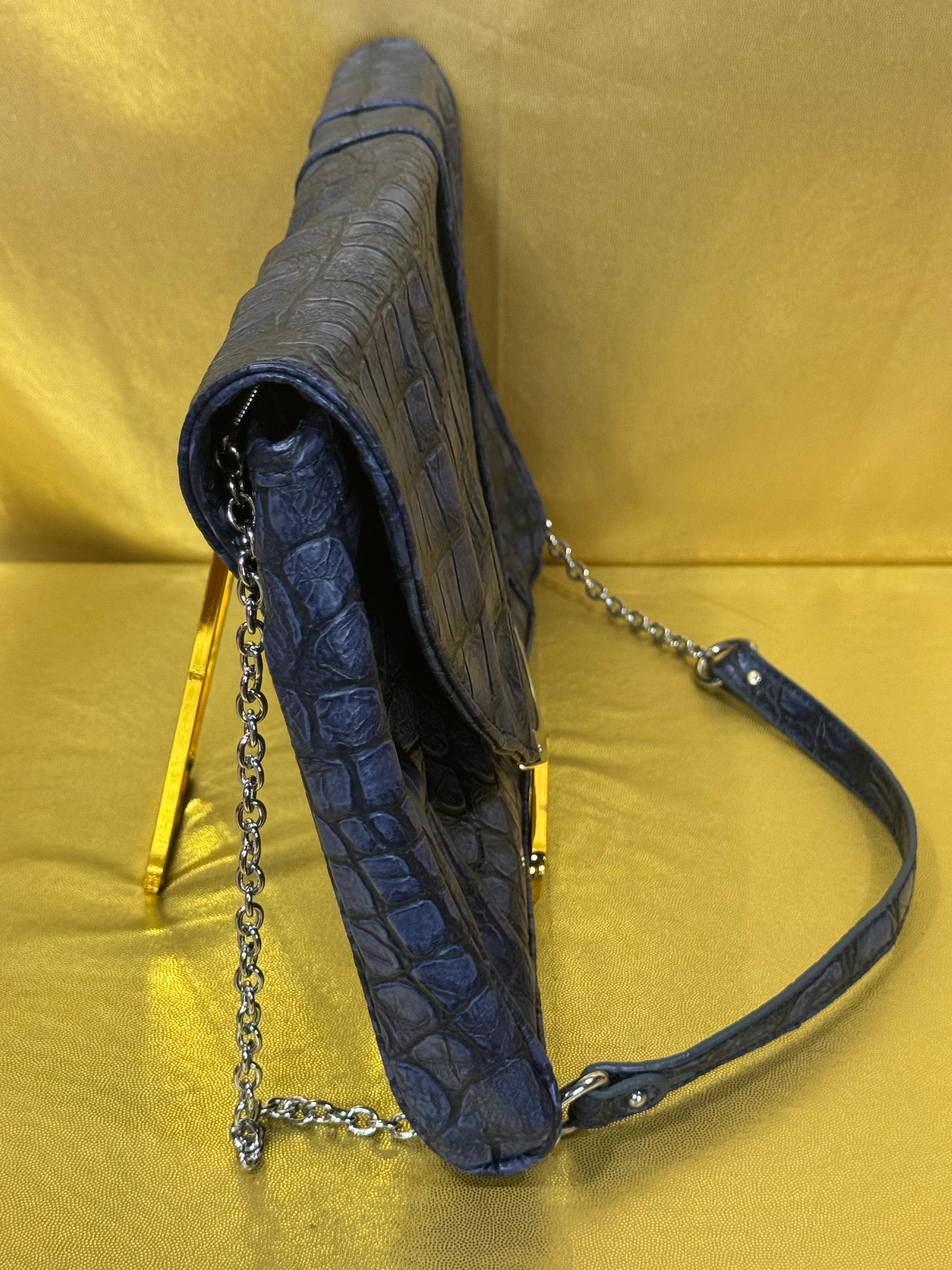 Steve Madden Navy Blue Croc-Embossed Convertible Envelope Clutch