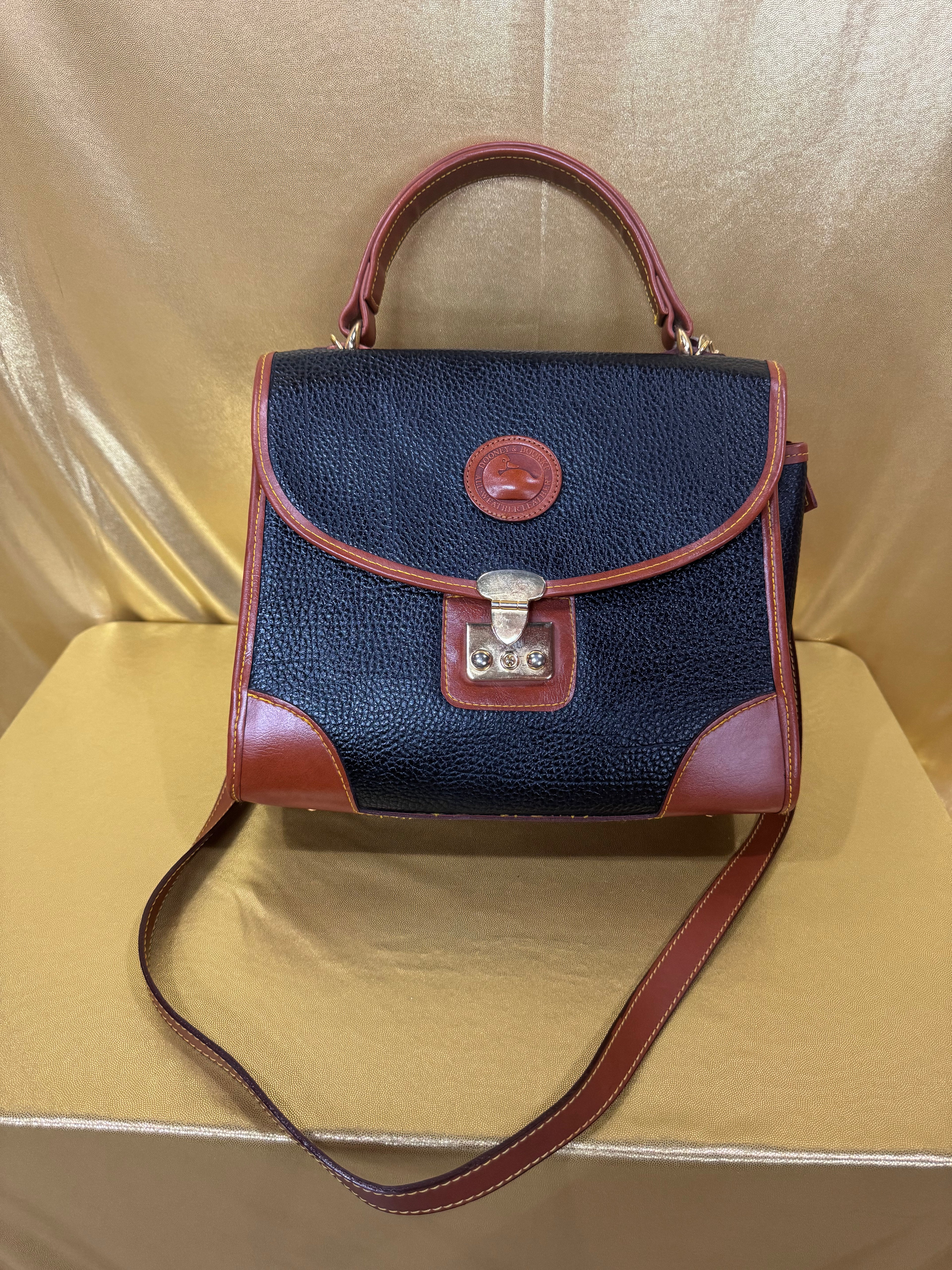 Vintage Dooney & Bourke All Weather Leather Lockhart Top Handle Satchel Crossbody – Black & British Tan