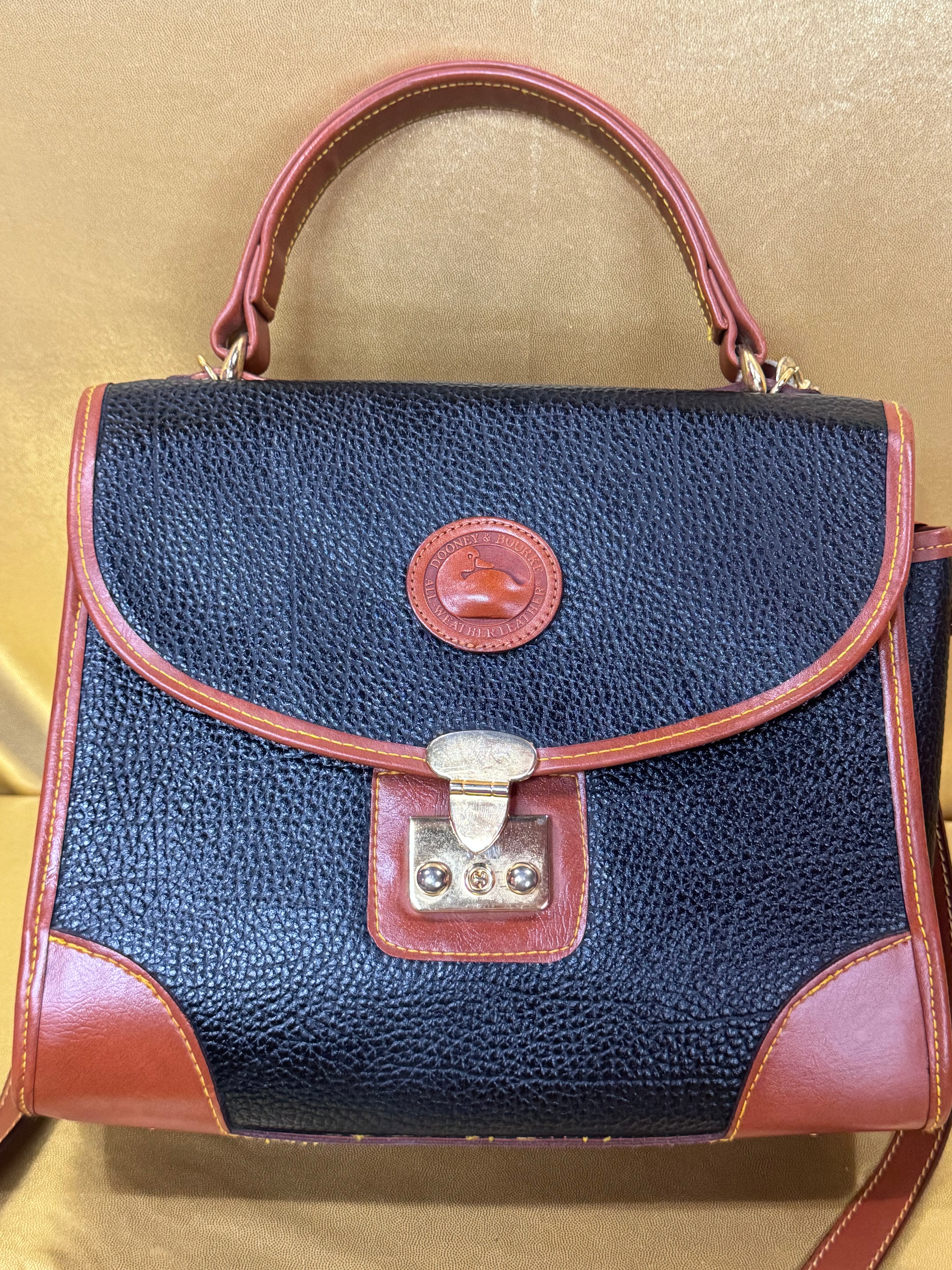 Vintage Dooney & Bourke All Weather Leather Lockhart Top Handle Satchel Crossbody – Black & British Tan