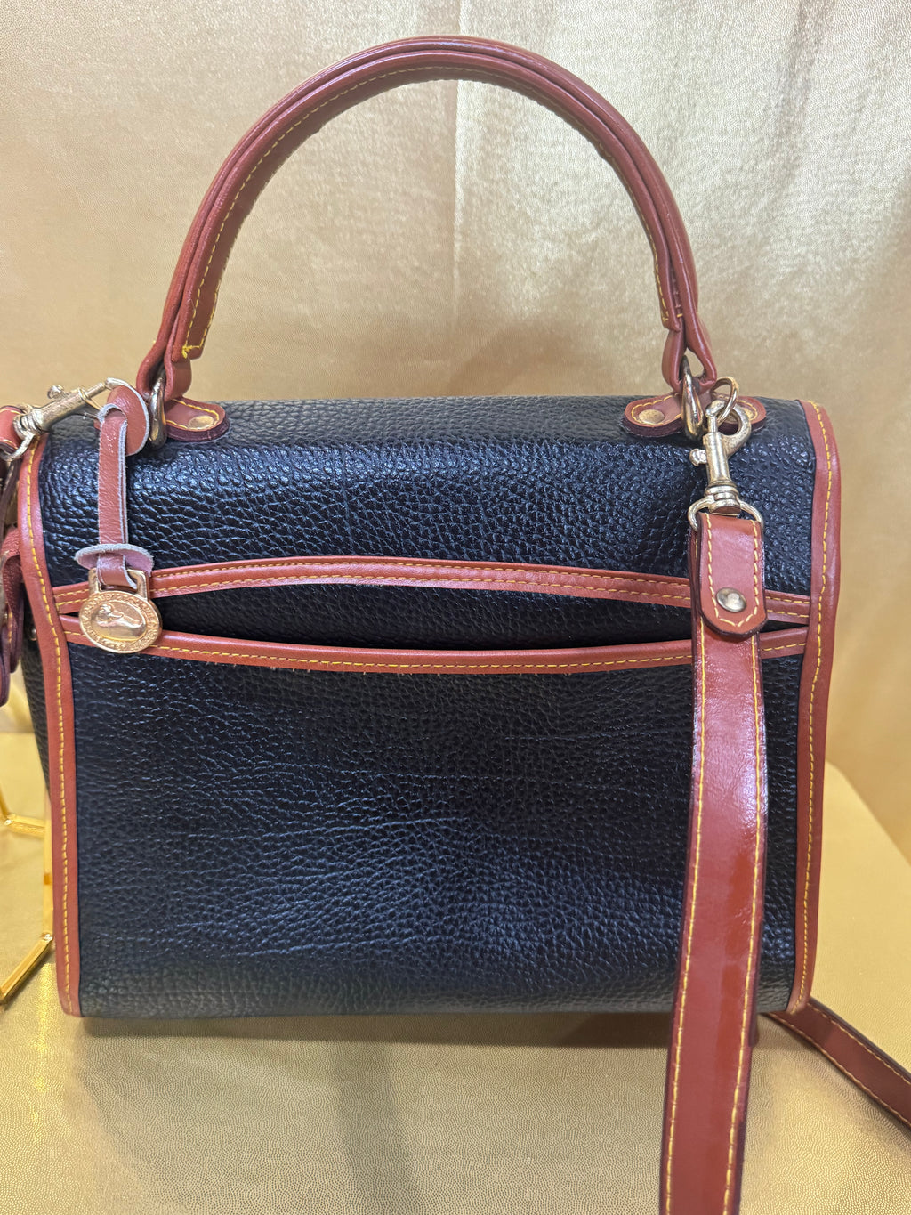 Vintage Dooney & Bourke All Weather Leather Lockhart Top Handle Satchel Crossbody – Black & British Tan