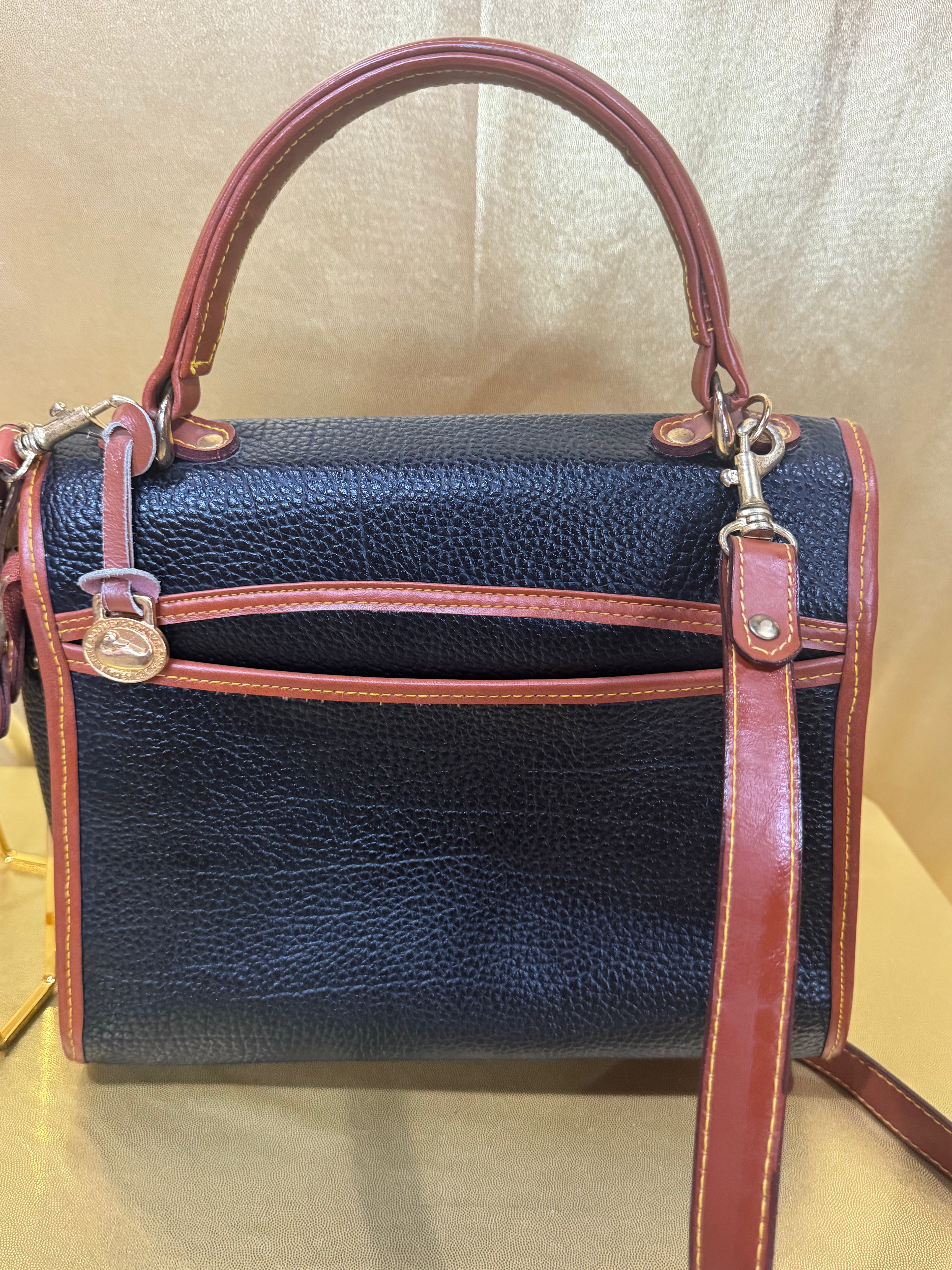 Vintage Dooney & Bourke All Weather Leather Lockhart Top Handle Satchel Crossbody – Black & British Tan