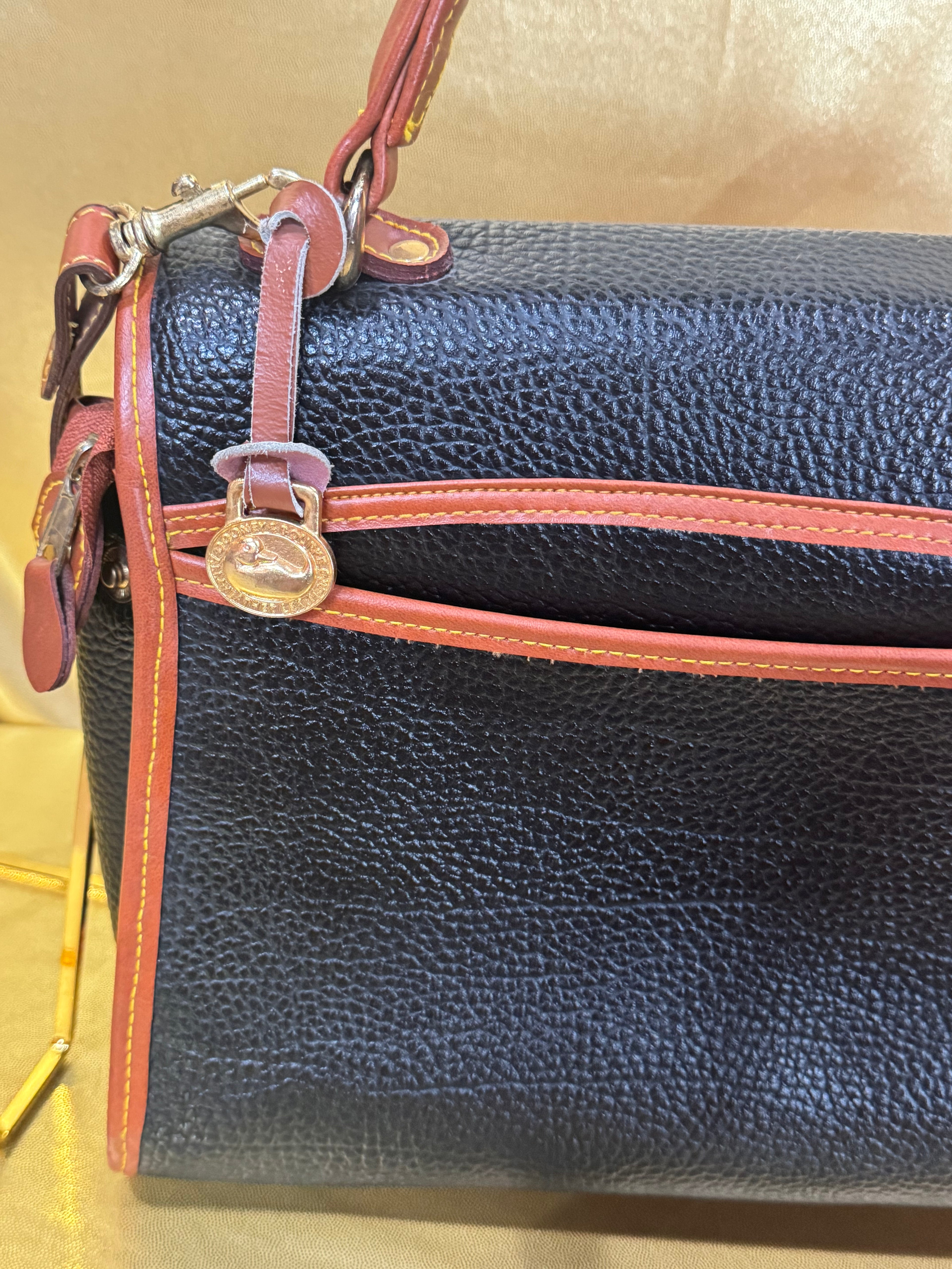 Vintage Dooney & Bourke All Weather Leather Lockhart Top Handle Satchel Crossbody – Black & British Tan