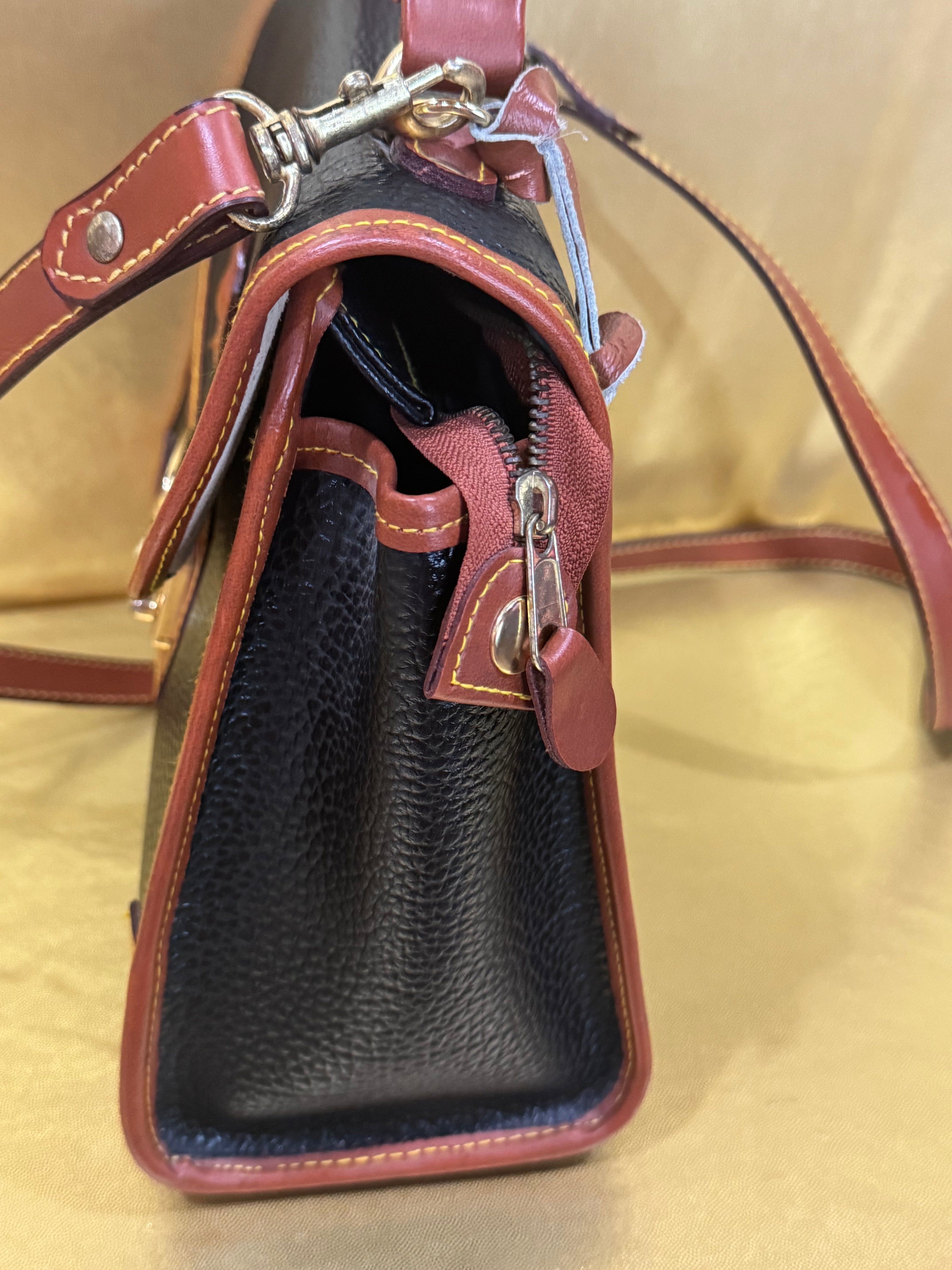 Vintage Dooney & Bourke All Weather Leather Lockhart Top Handle Satchel Crossbody – Black & British Tan