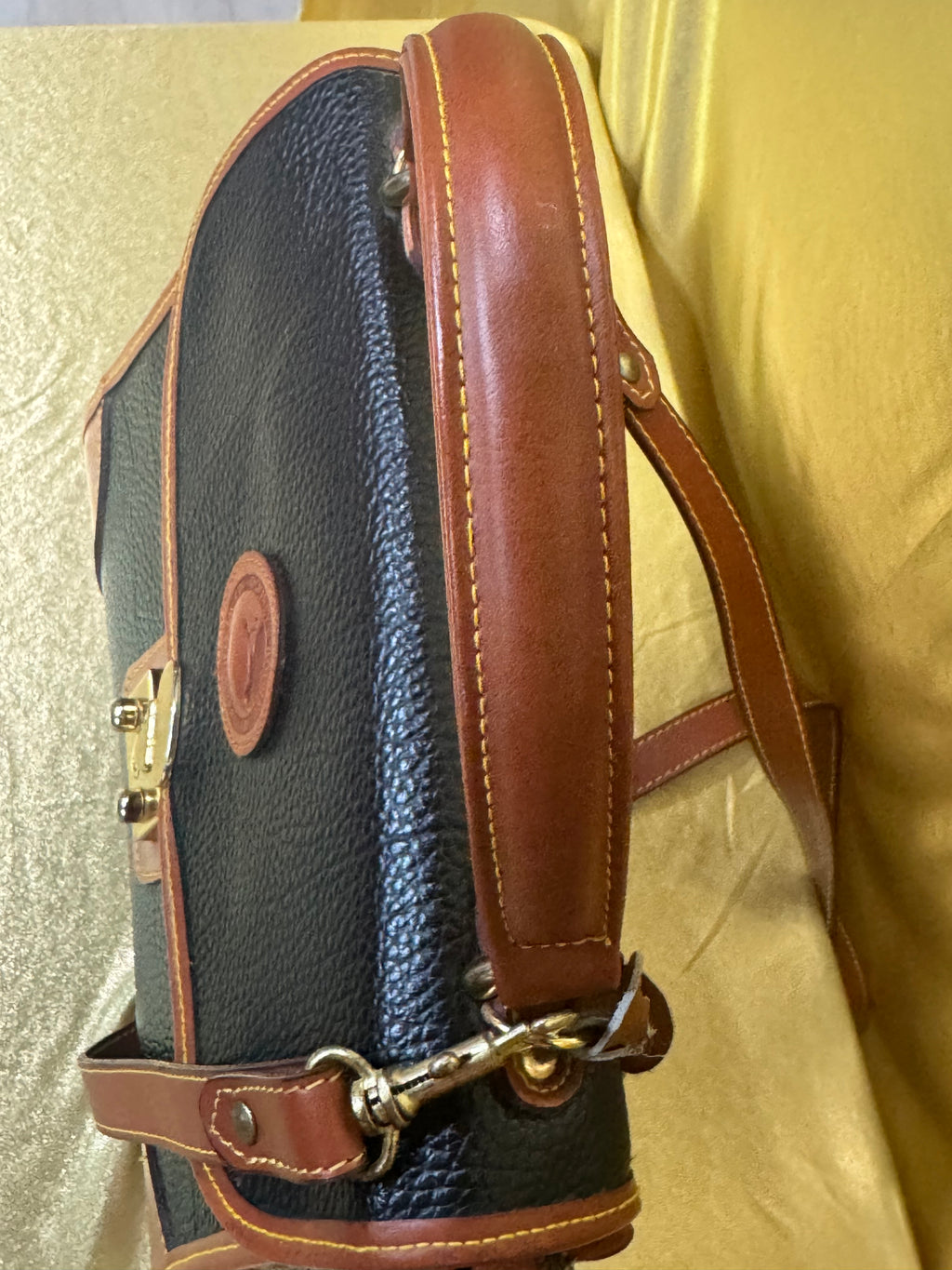 Vintage Dooney & Bourke All Weather Leather Lockhart Top Handle Satchel Crossbody – Black & British Tan