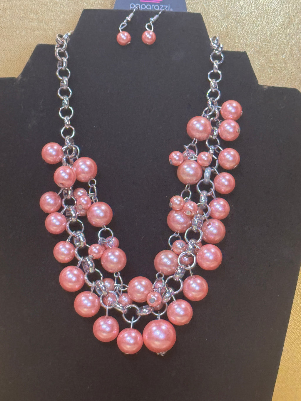 Paparazzi "Ballroom Service" Coral Pink Pearl Statement Necklace & Earring Set
