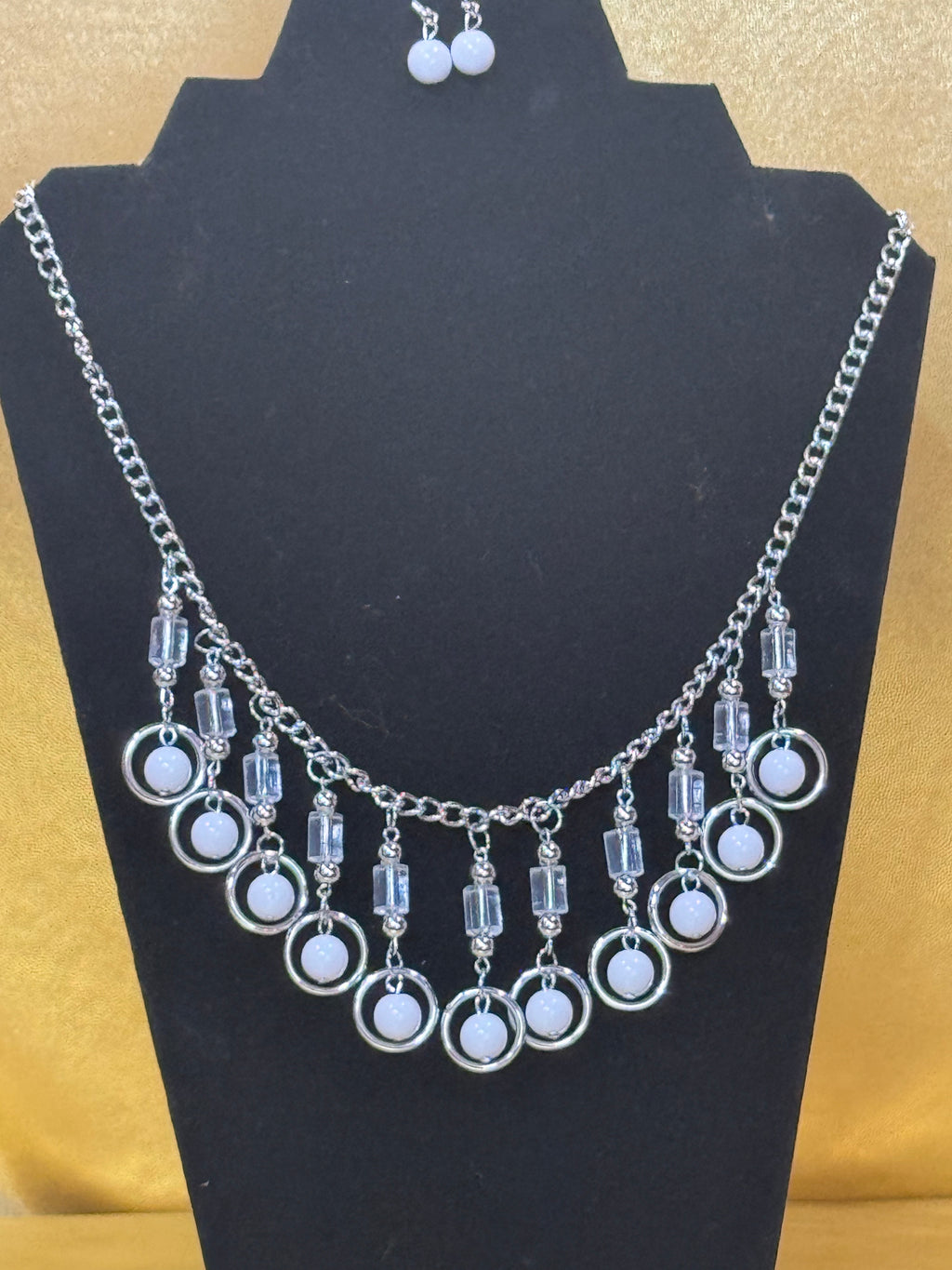 Paparazzi "Cool Cascade" White & Silver Statement Necklace Set