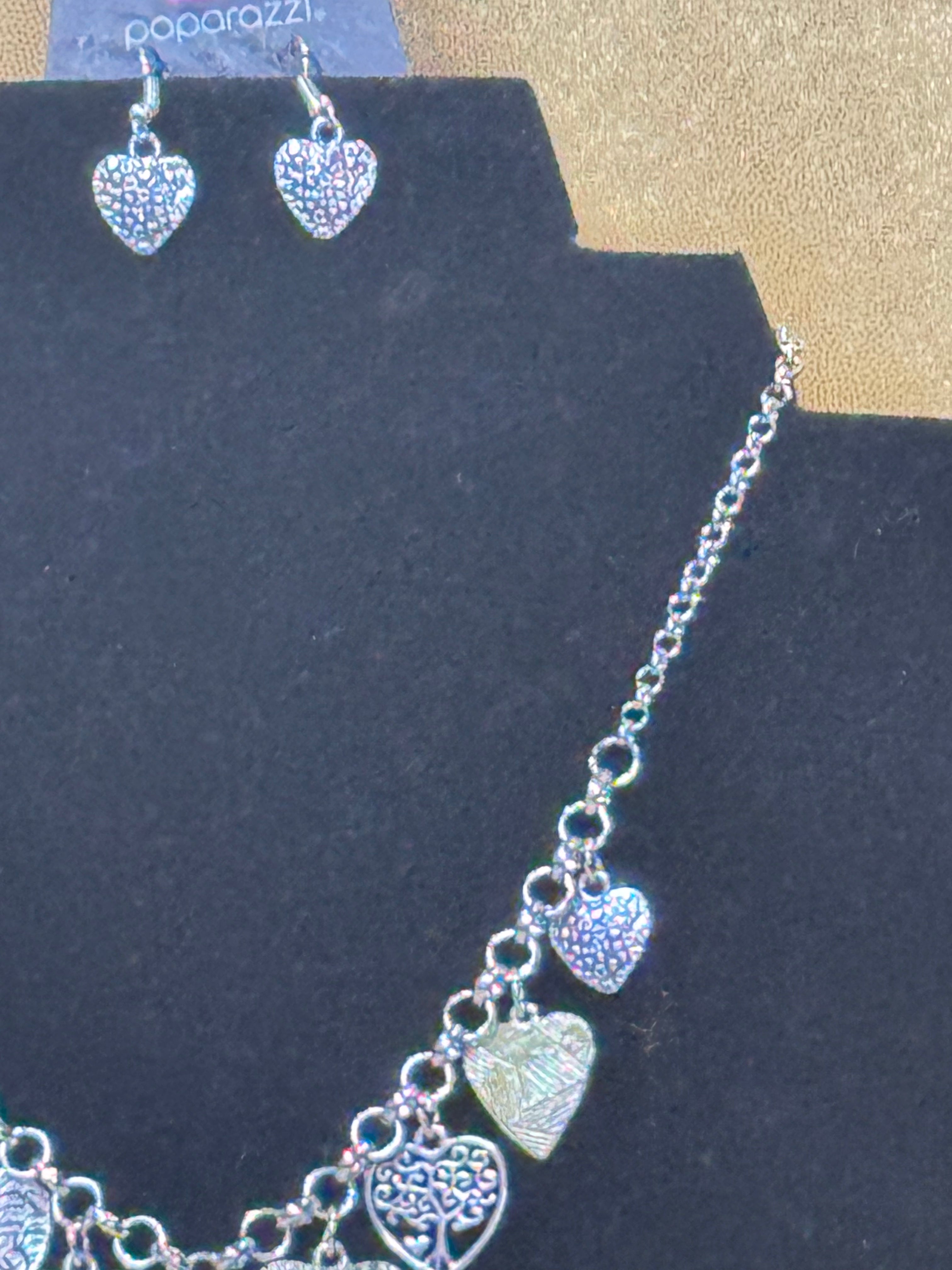 Paparazzi "Botanical Balance" Silver Textured Heart Charm Necklace & Earring Set