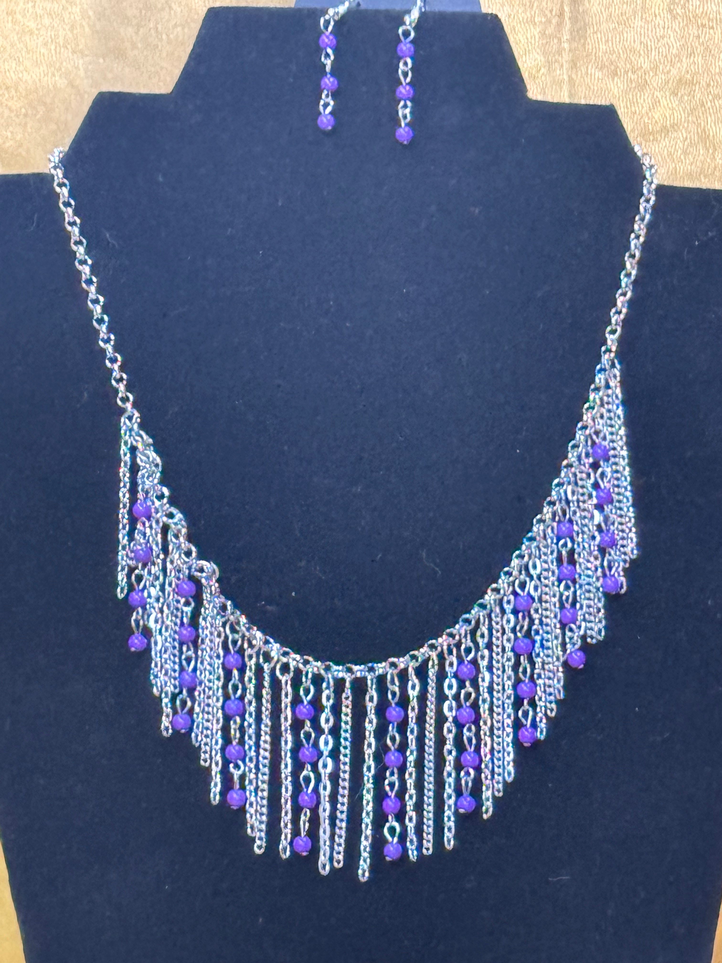 Paparazzi "Harlem Hideaway" Purple Beaded Silver Fringe Necklace Set
