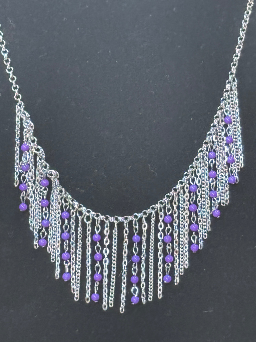 Paparazzi "Harlem Hideaway" Purple Beaded Silver Fringe Necklace Set