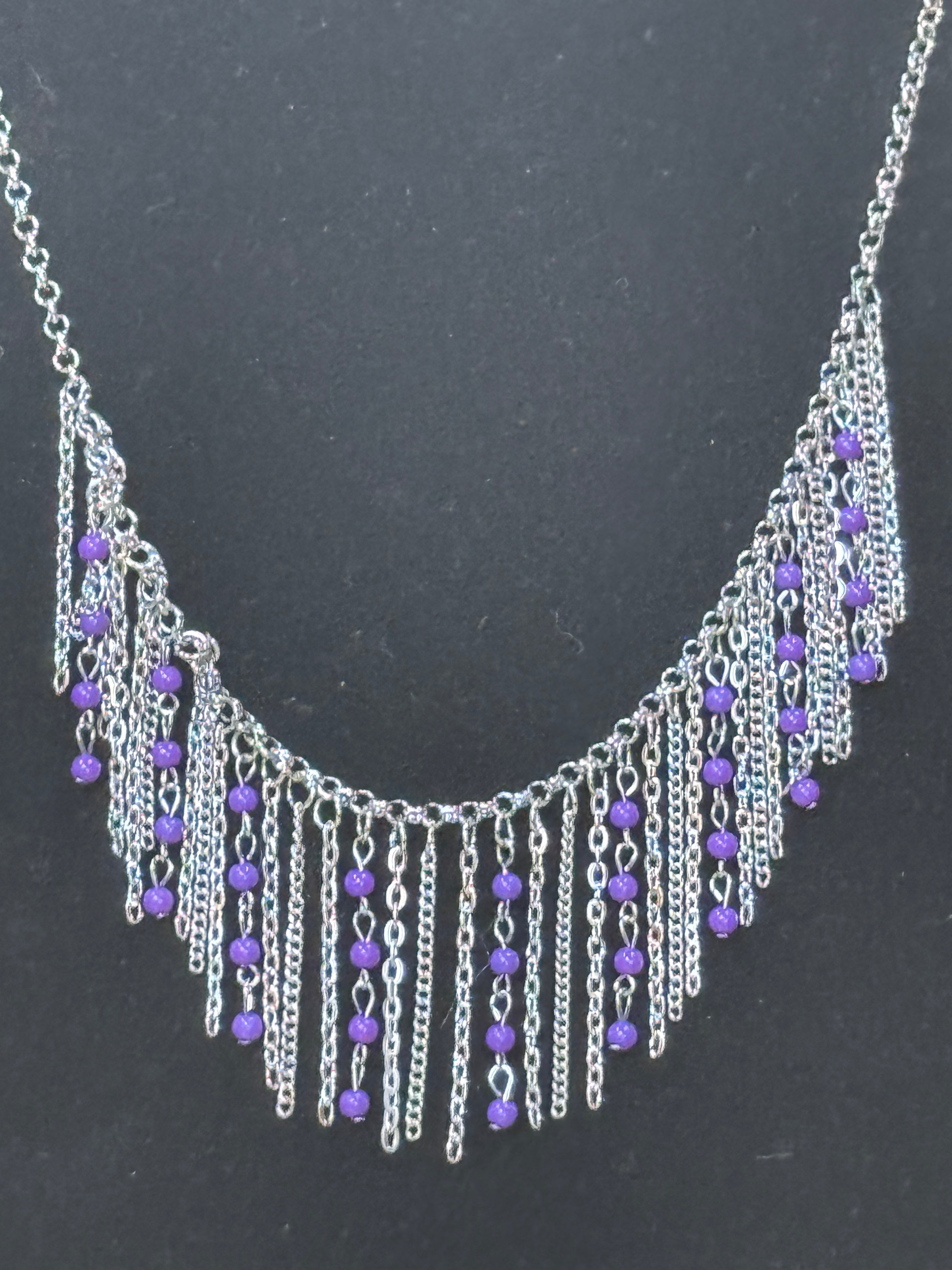 Paparazzi "Harlem Hideaway" Purple Beaded Silver Fringe Necklace Set
