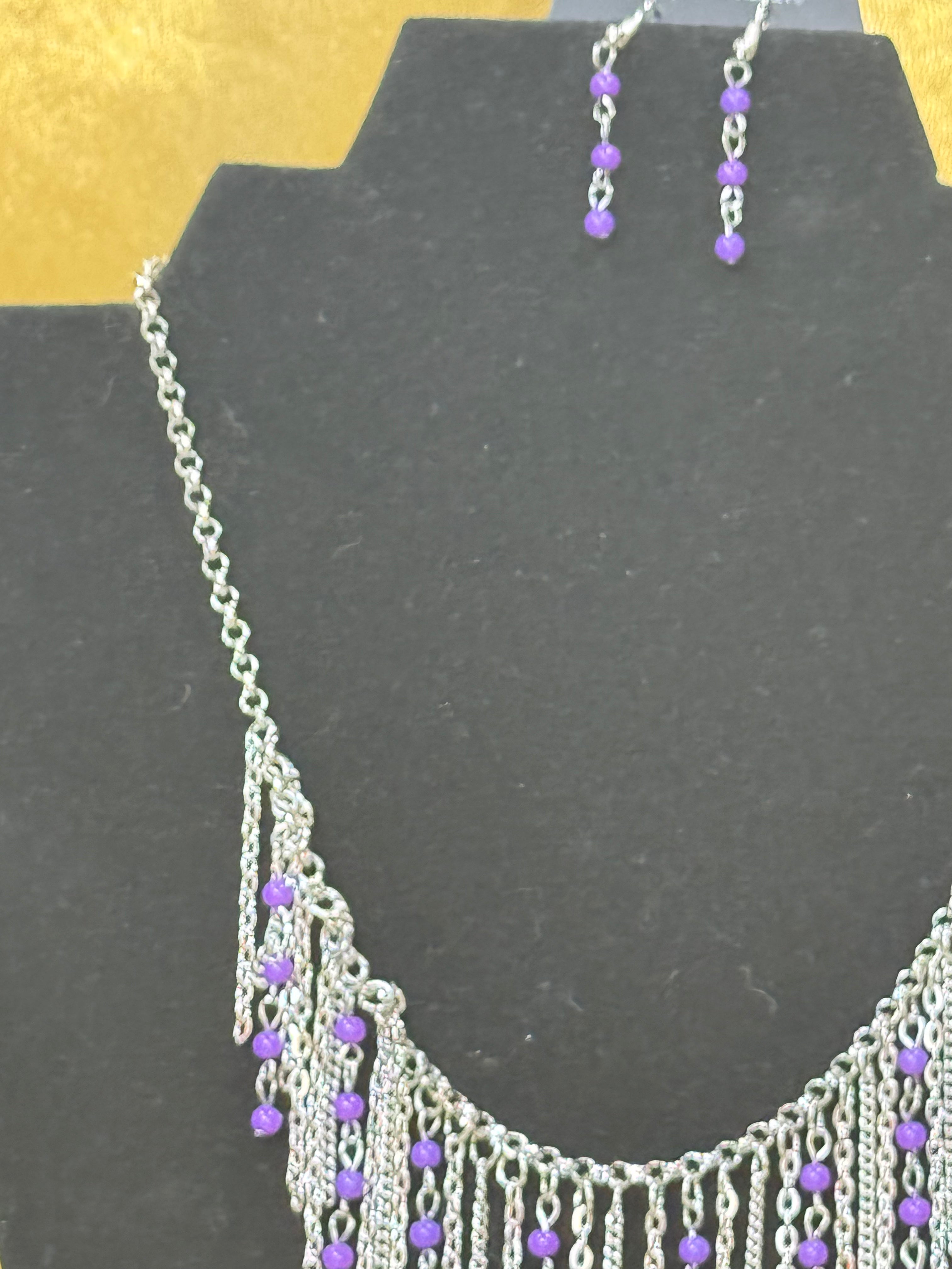 Paparazzi "Harlem Hideaway" Purple Beaded Silver Fringe Necklace Set