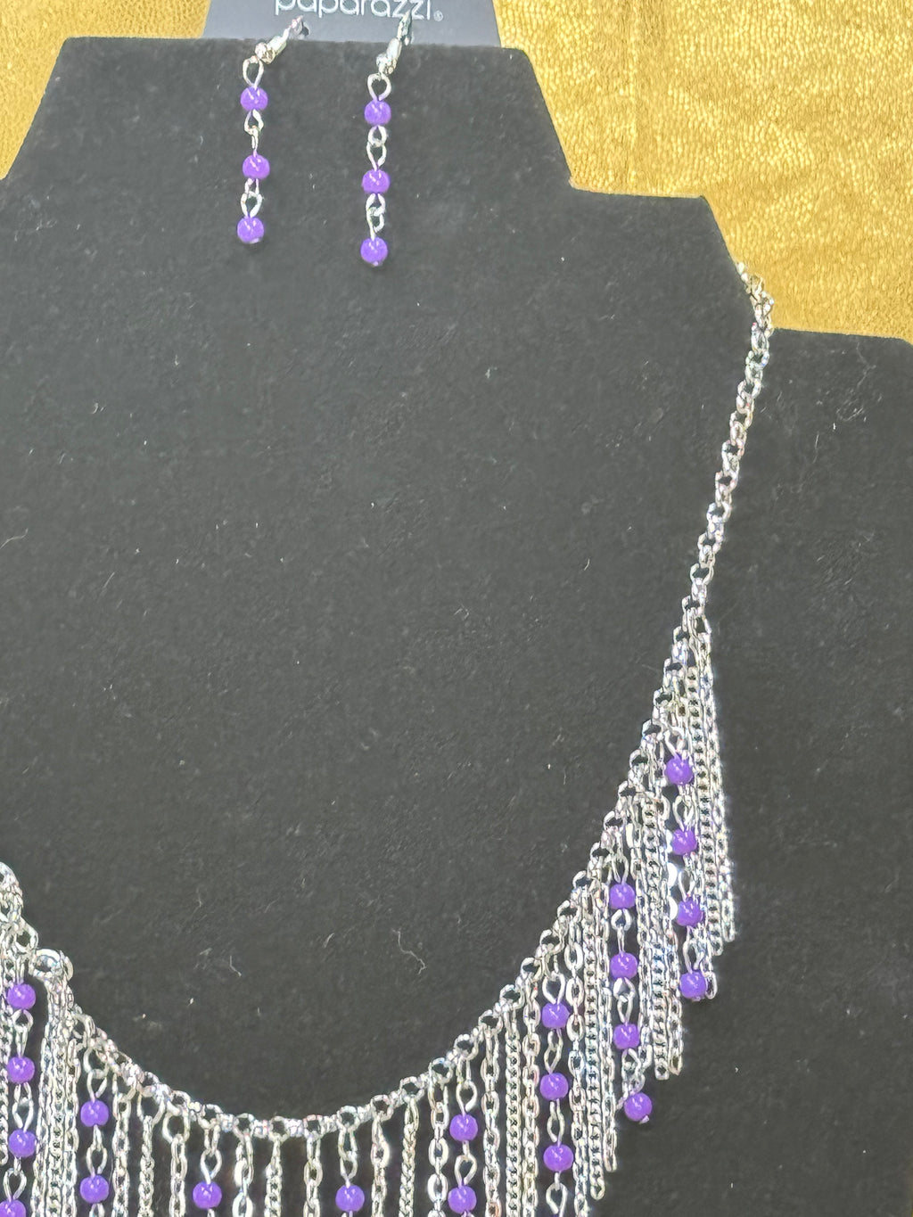 Paparazzi "Harlem Hideaway" Purple Beaded Silver Fringe Necklace Set