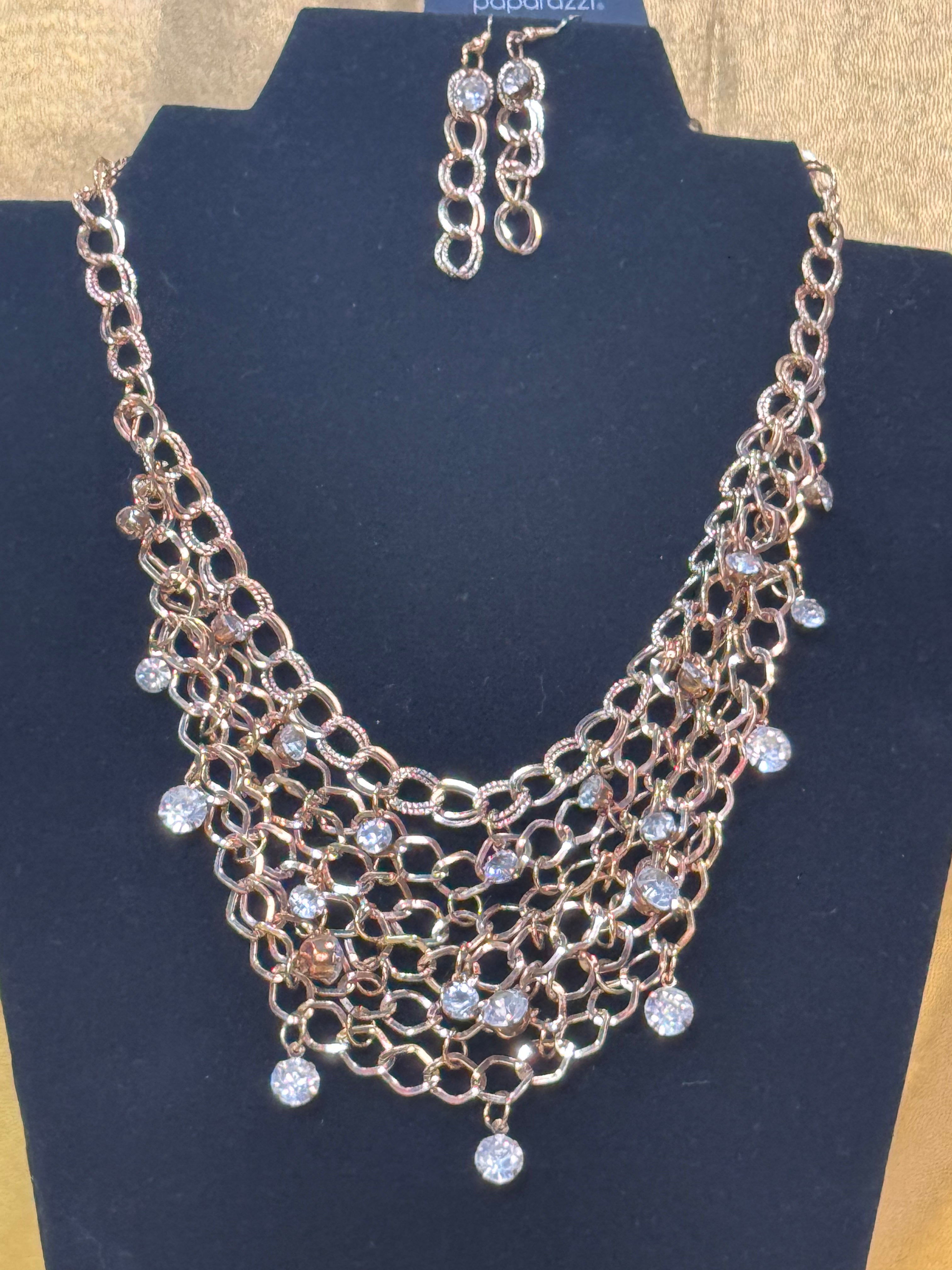 Paparazzi "Fishing for Compliments" Gold Multi-Layer Mesh Bib Necklace & Earring Set