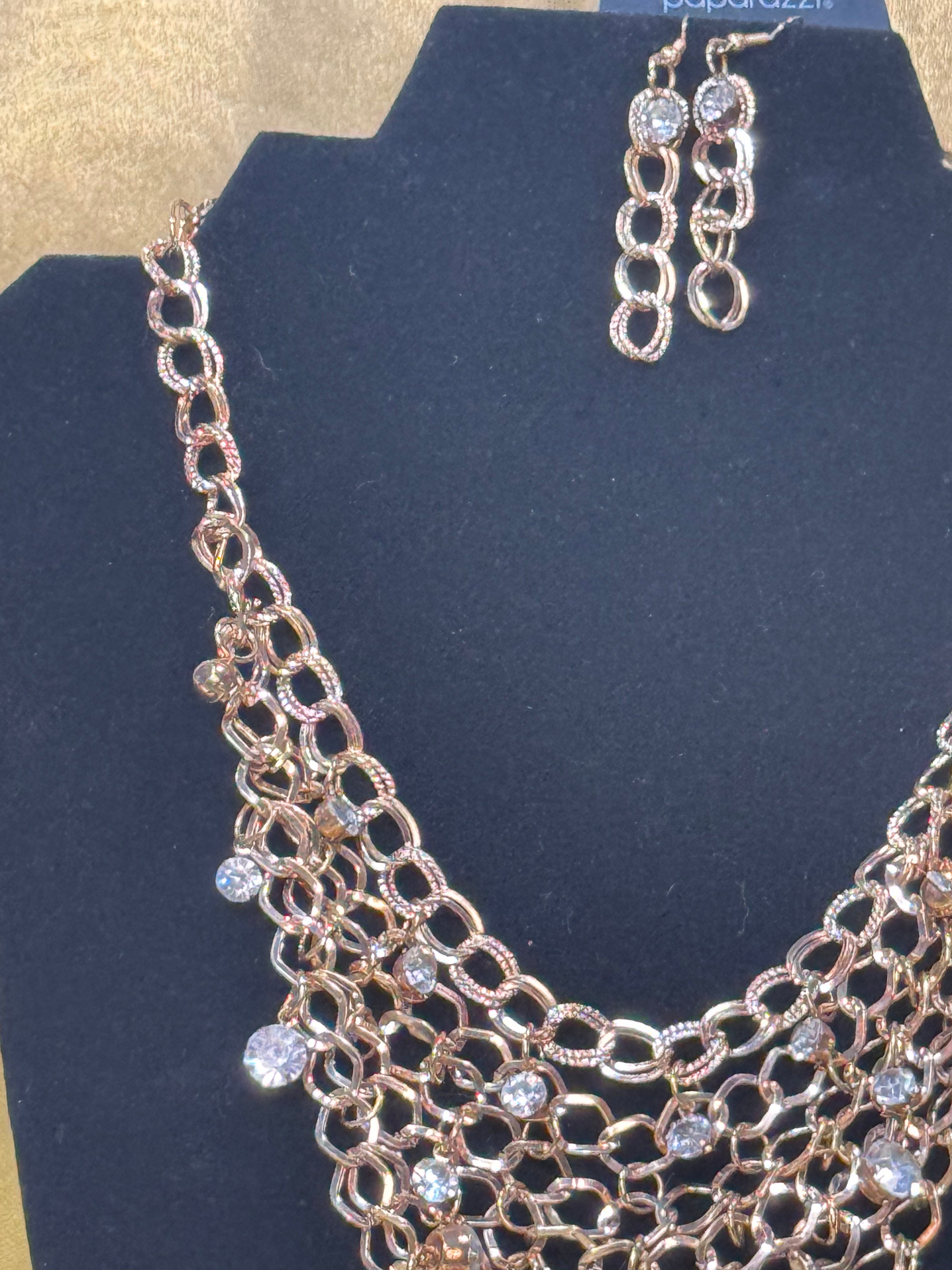 Paparazzi "Fishing for Compliments" Gold Multi-Layer Mesh Bib Necklace & Earring Set