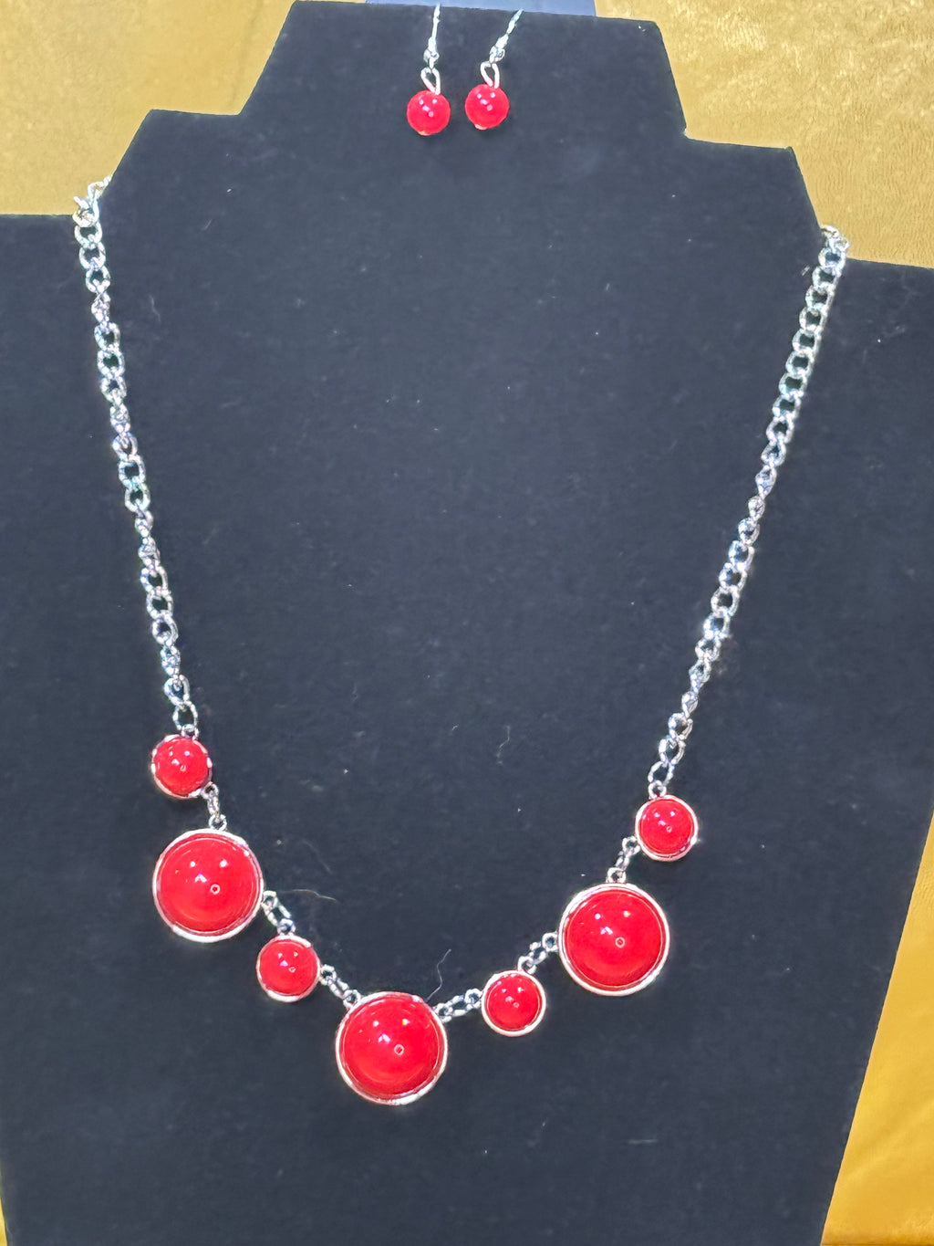 Paparazzi Prismatically POP-tastic Red Bead Silver Chain Necklace & Earring Set