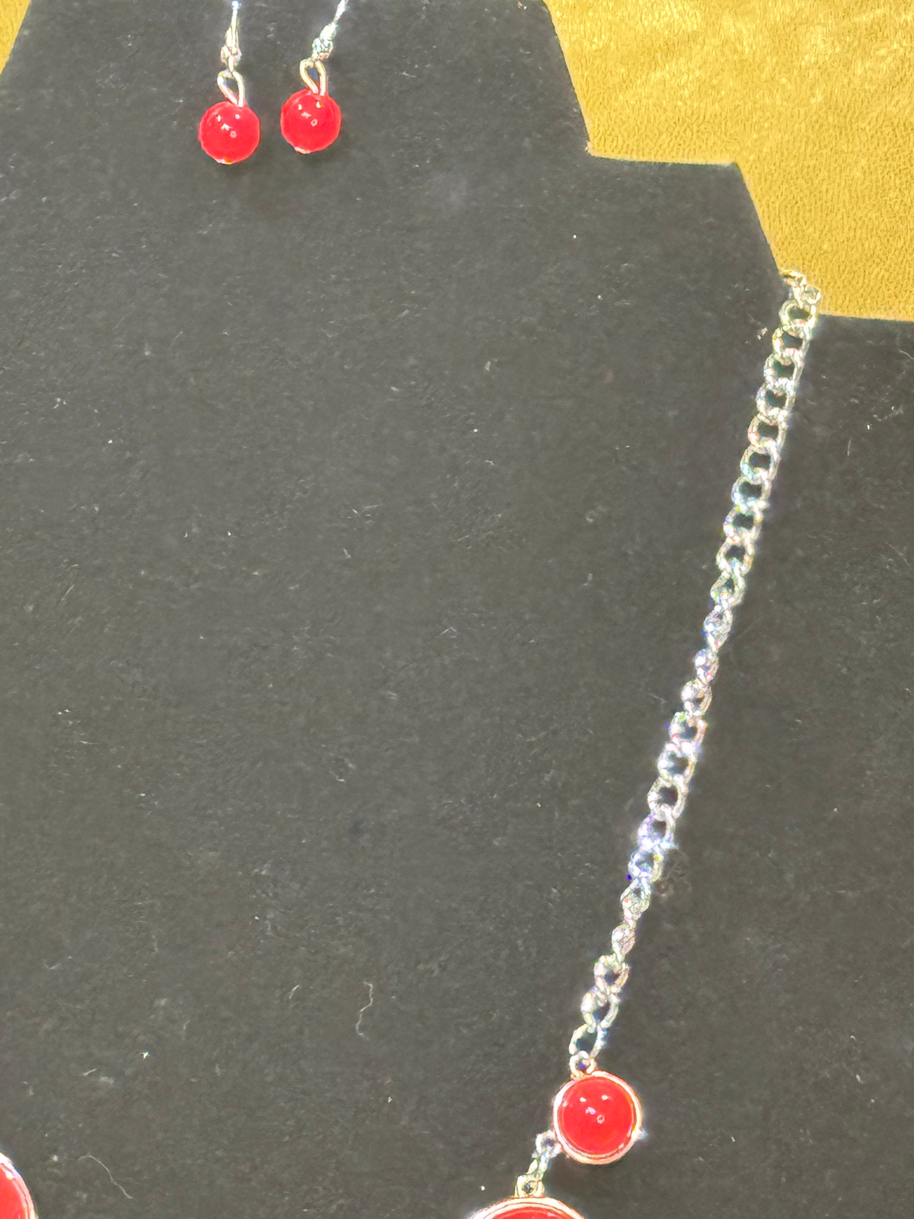Paparazzi Prismatically POP-tastic Red Bead Silver Chain Necklace & Earring Set