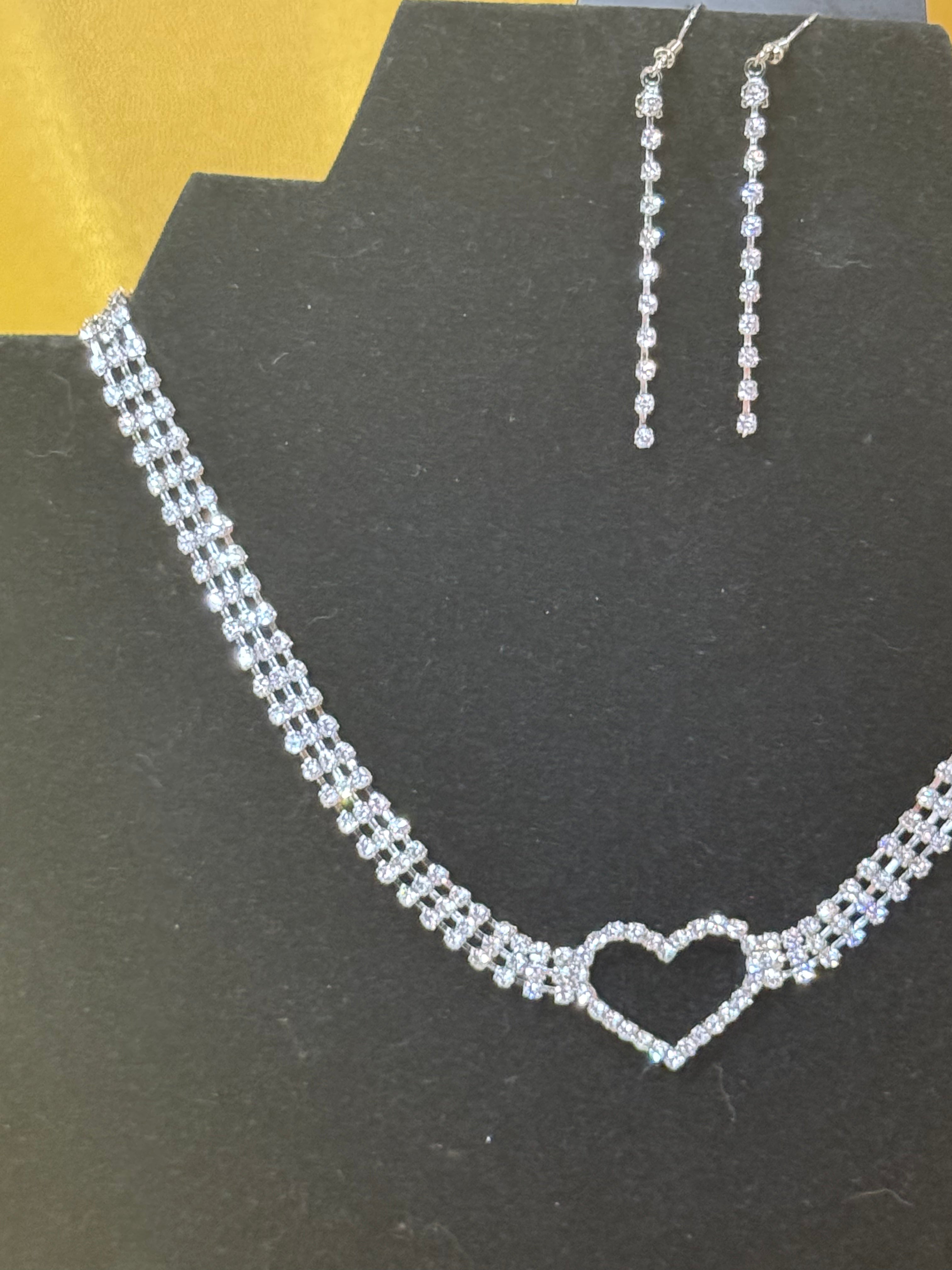 Paparazzi "Rows of Romance" Rhinestone Heart Necklace & Earring Set – White