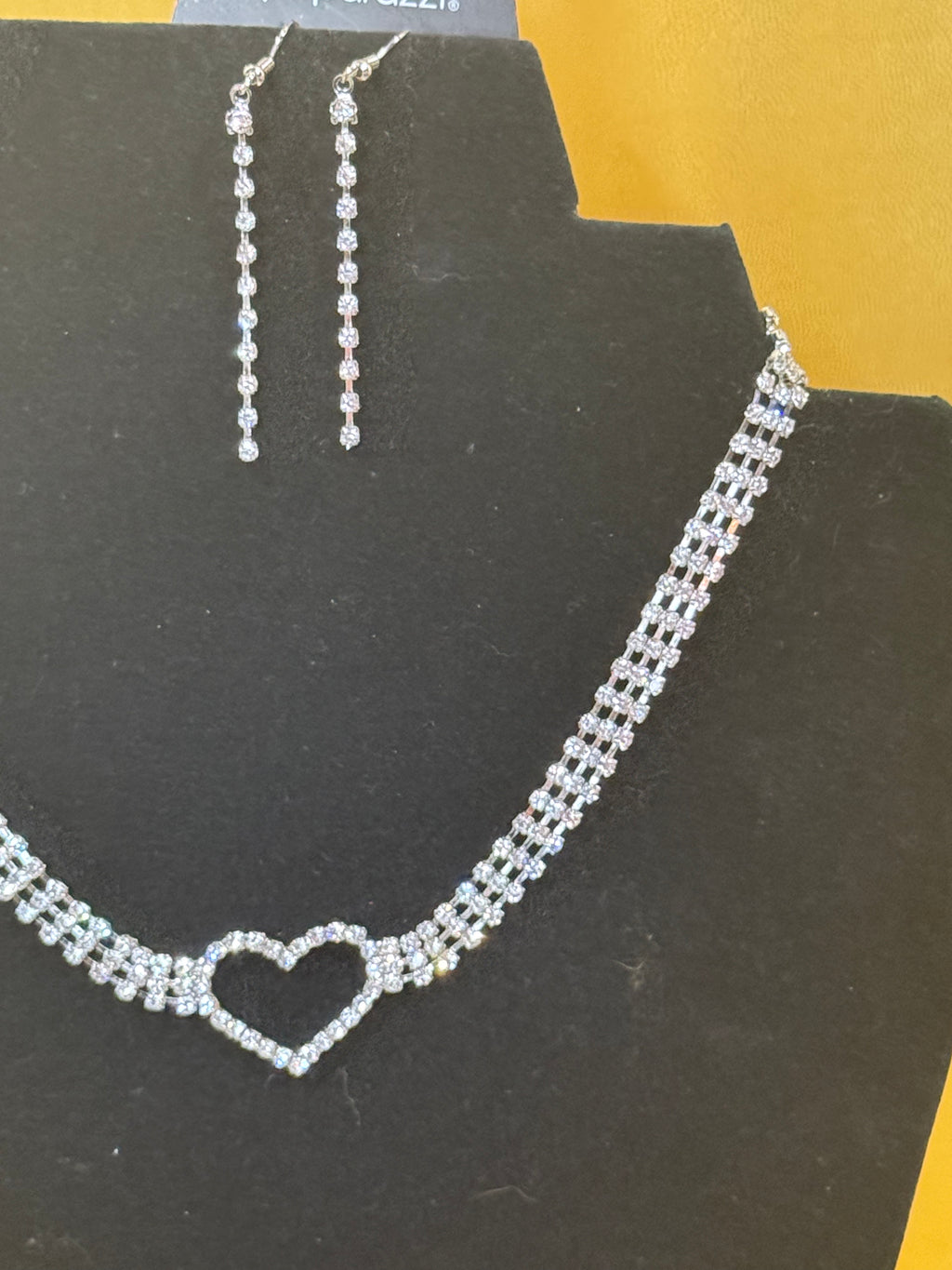 Paparazzi "Rows of Romance" Rhinestone Heart Necklace & Earring Set – White