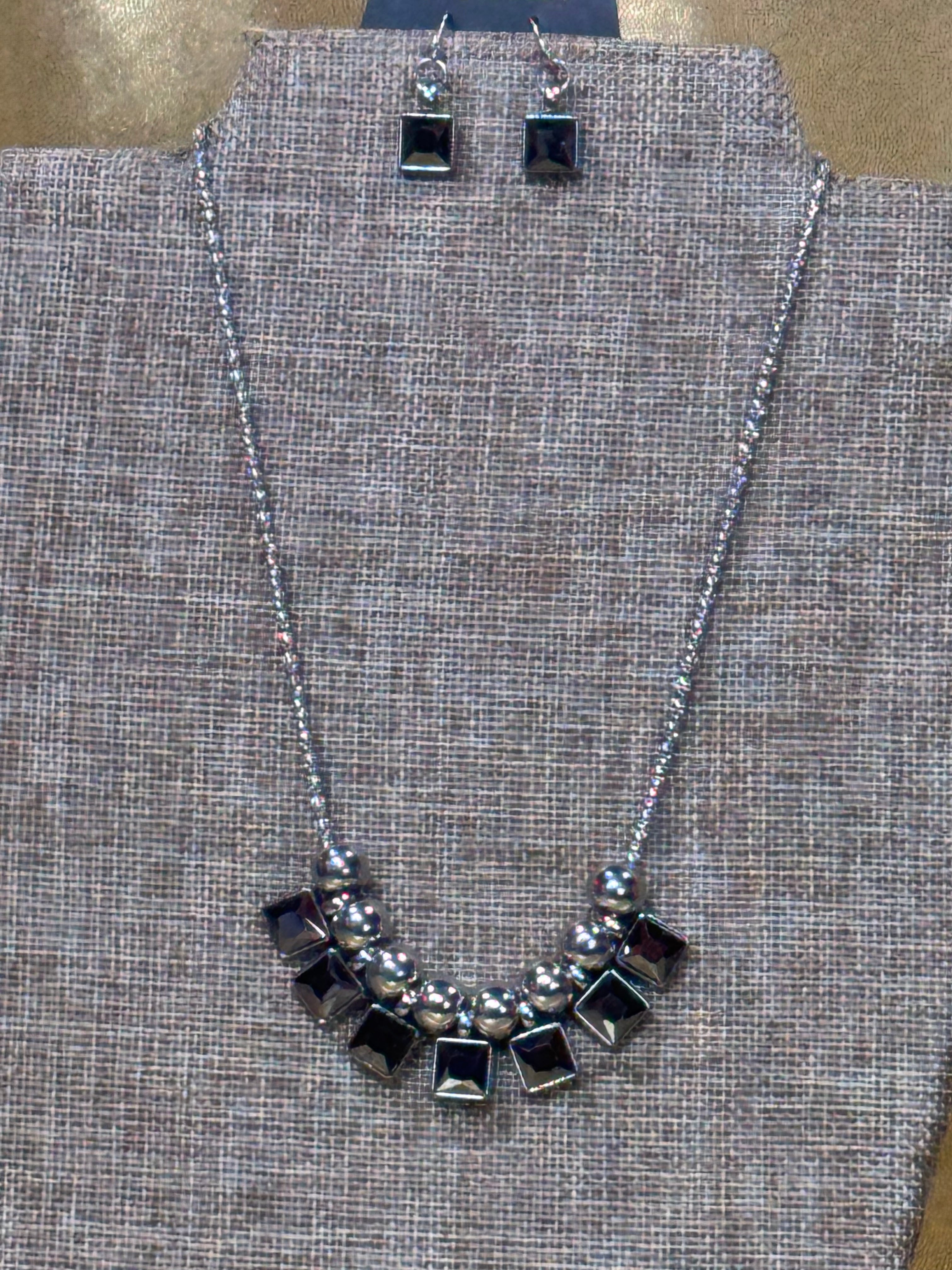 Paparazzi "Graciously Audacious" Smoky Silver Bead & Square Rhinestone Necklace Set