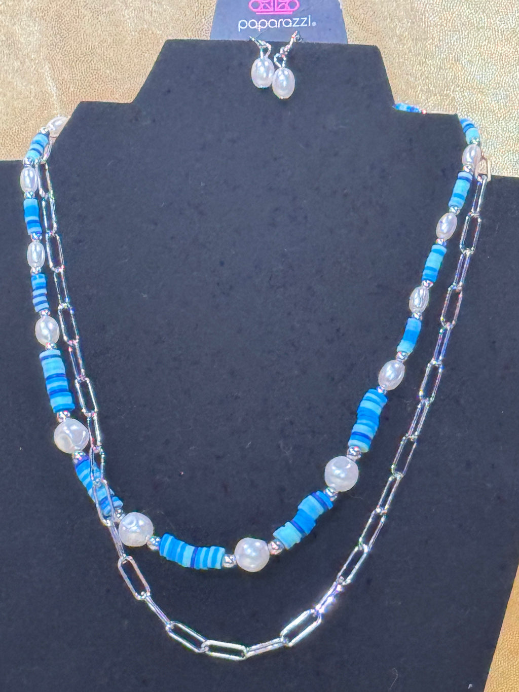 Paparazzi Tidal Trendsetter Blue Layered Pearl & Paperclip Chain Necklace Set