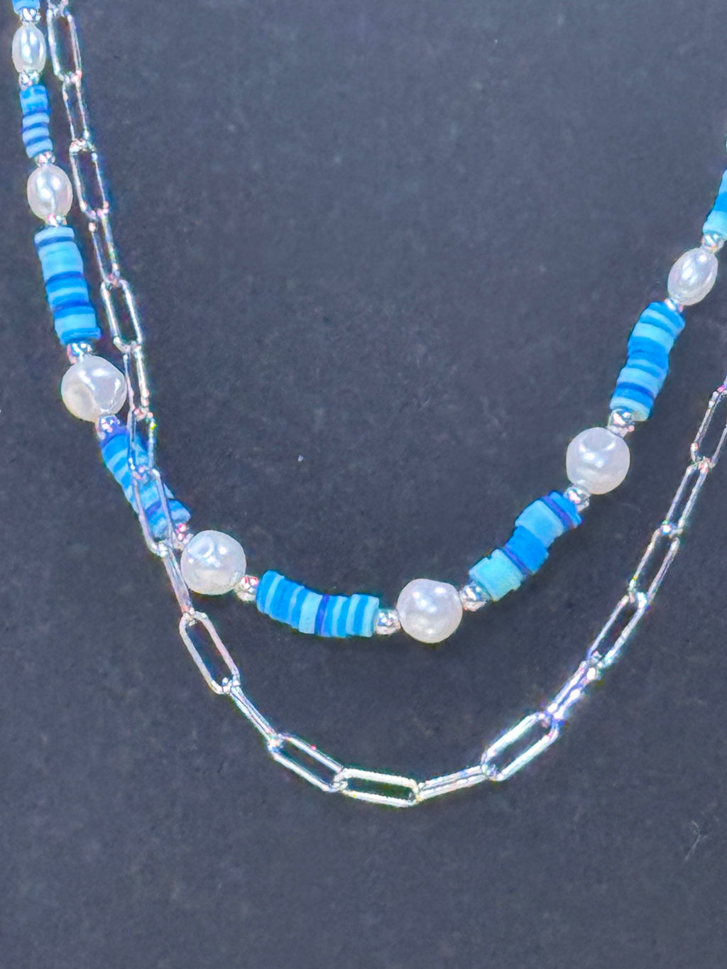Paparazzi Tidal Trendsetter Blue Layered Pearl & Paperclip Chain Necklace Set