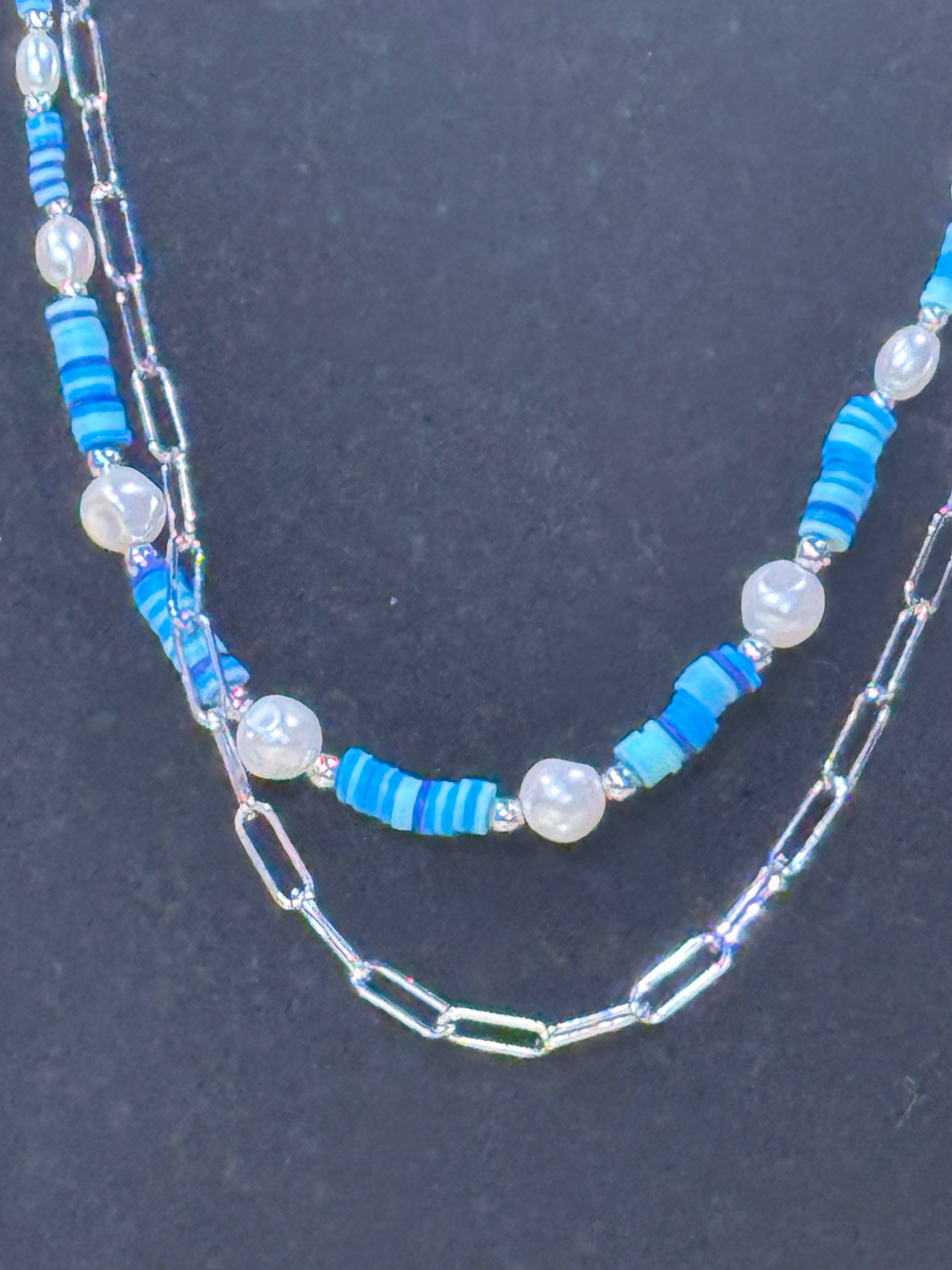 Paparazzi Tidal Trendsetter Blue Layered Pearl & Paperclip Chain Necklace Set