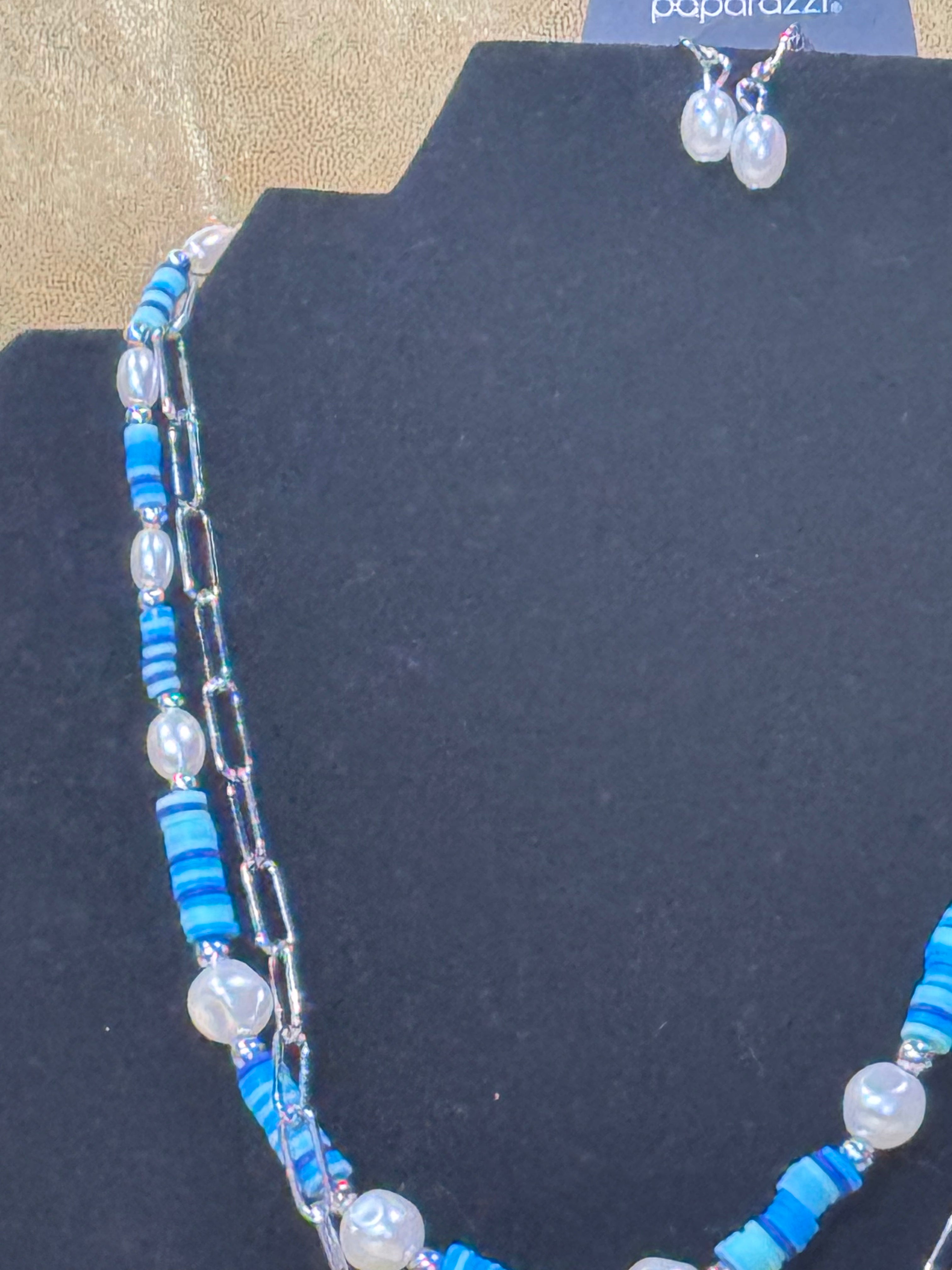 Paparazzi Tidal Trendsetter Blue Layered Pearl & Paperclip Chain Necklace Set