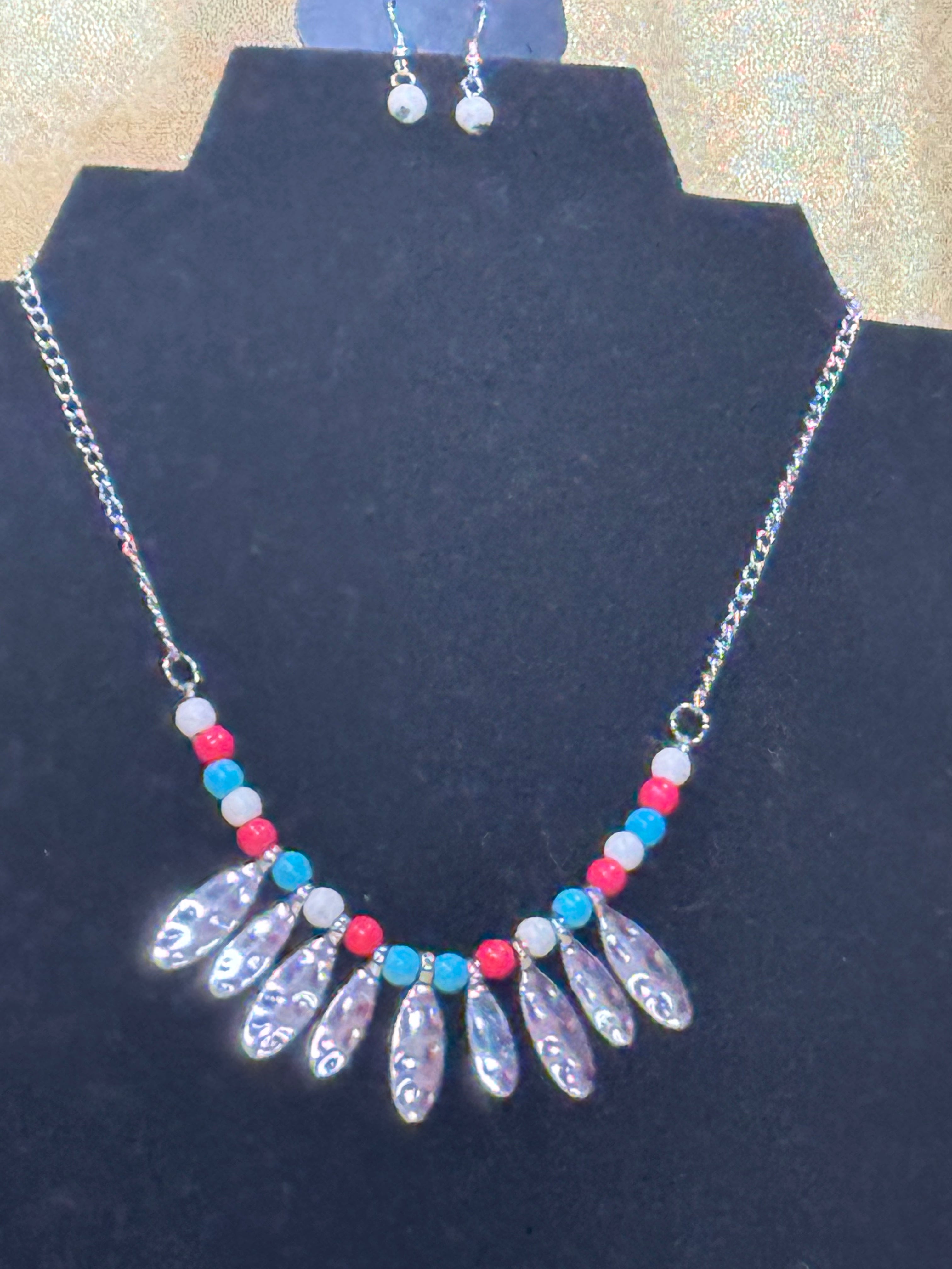 Paparazzi Neutral TERRA-tory Multi Necklace & Earring Set – Red, White, & Turquoise Beads with Silver Pendants
