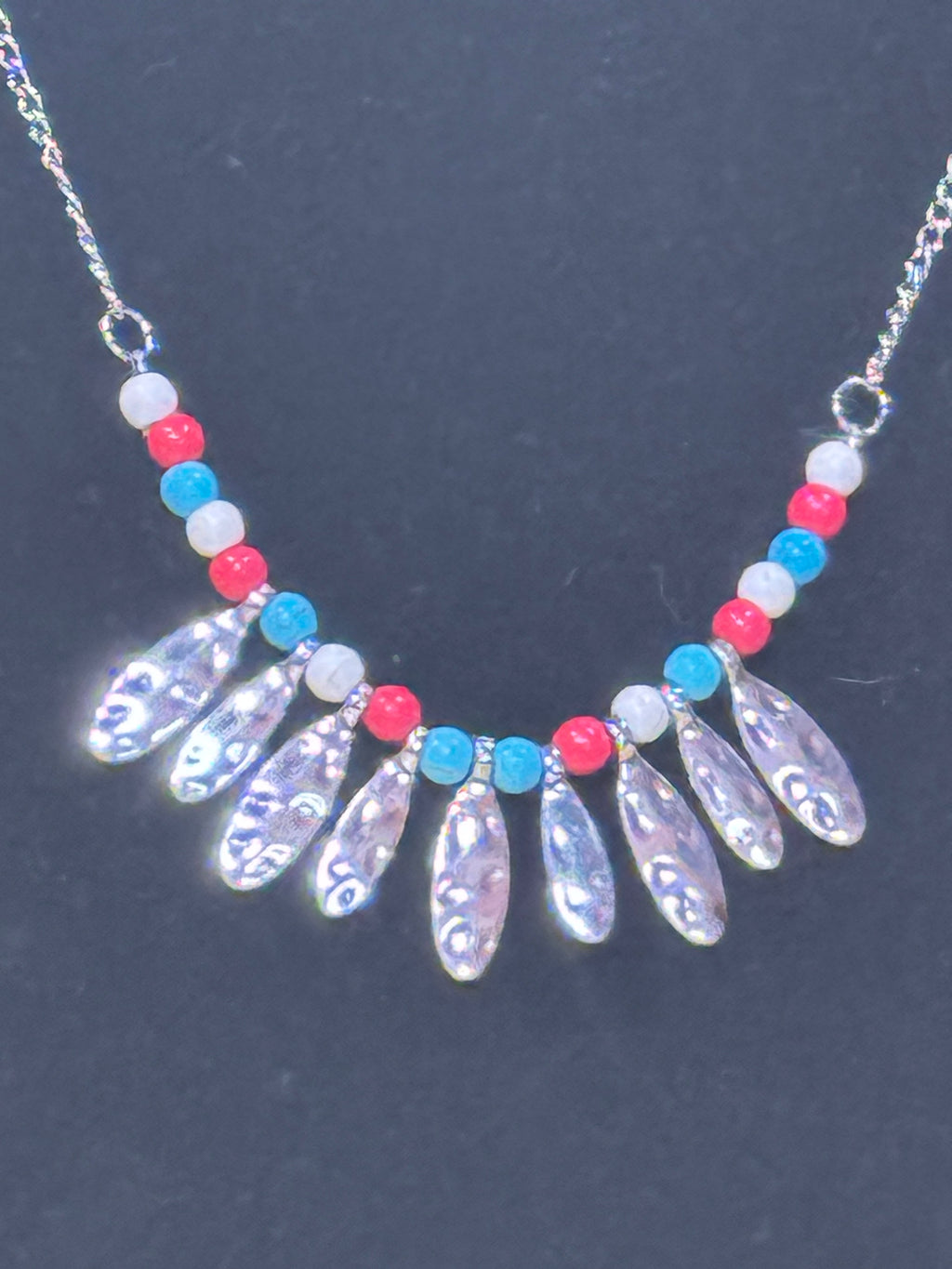 Paparazzi Neutral TERRA-tory Multi Necklace & Earring Set – Red, White, & Turquoise Beads with Silver Pendants