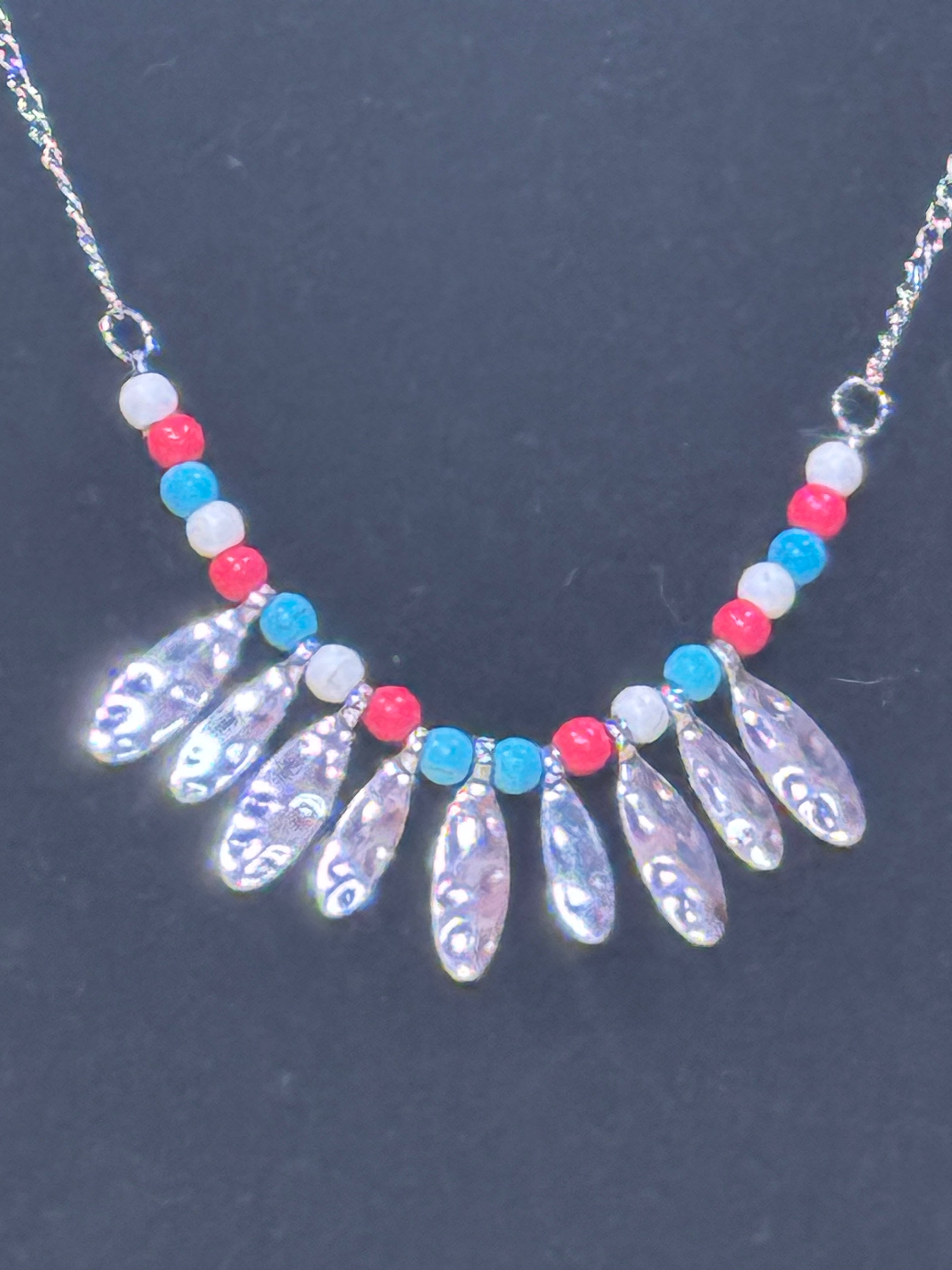 Paparazzi Neutral TERRA-tory Multi Necklace & Earring Set – Red, White, & Turquoise Beads with Silver Pendants