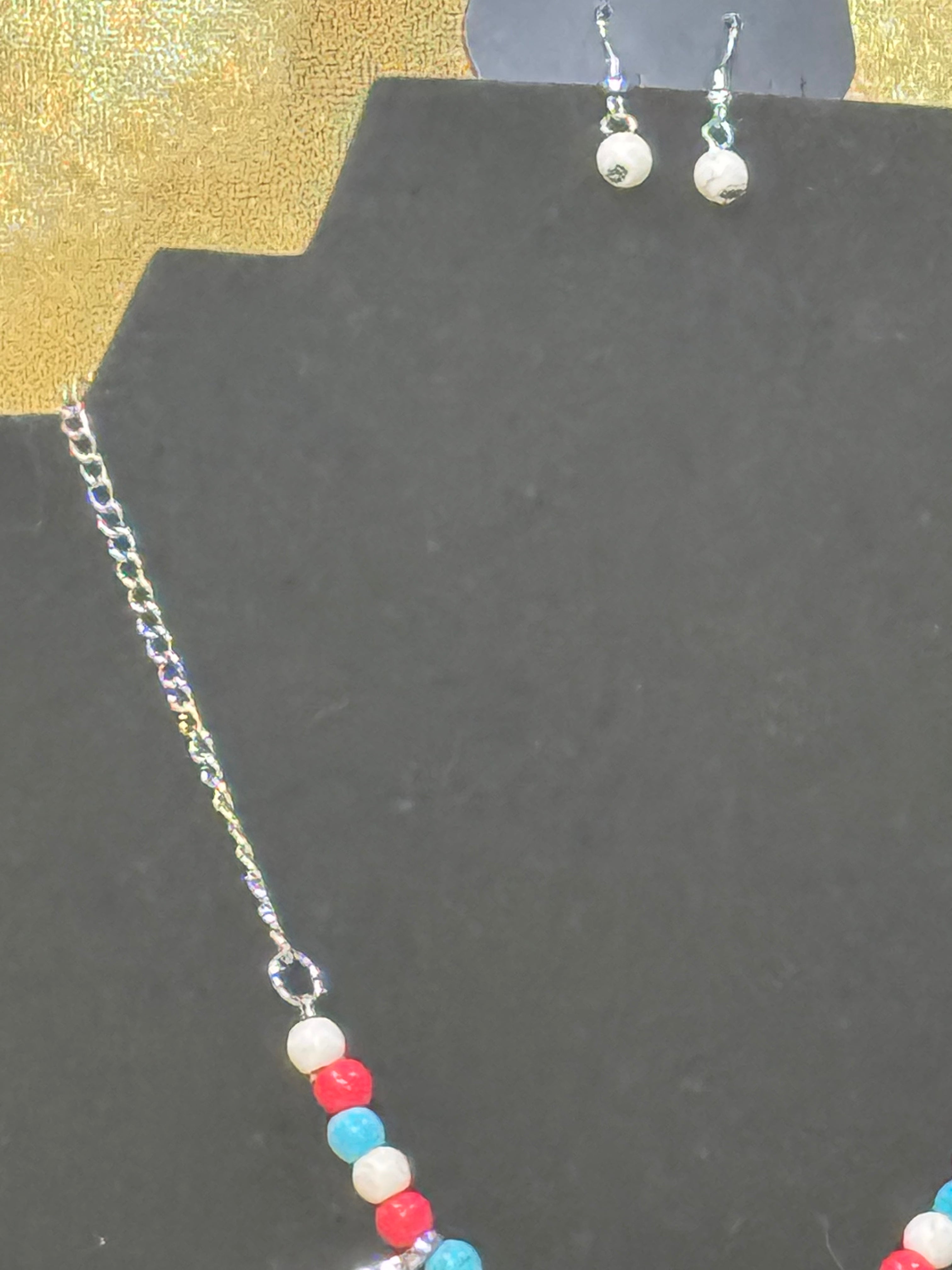 Paparazzi Neutral TERRA-tory Multi Necklace & Earring Set – Red, White, & Turquoise Beads with Silver Pendants