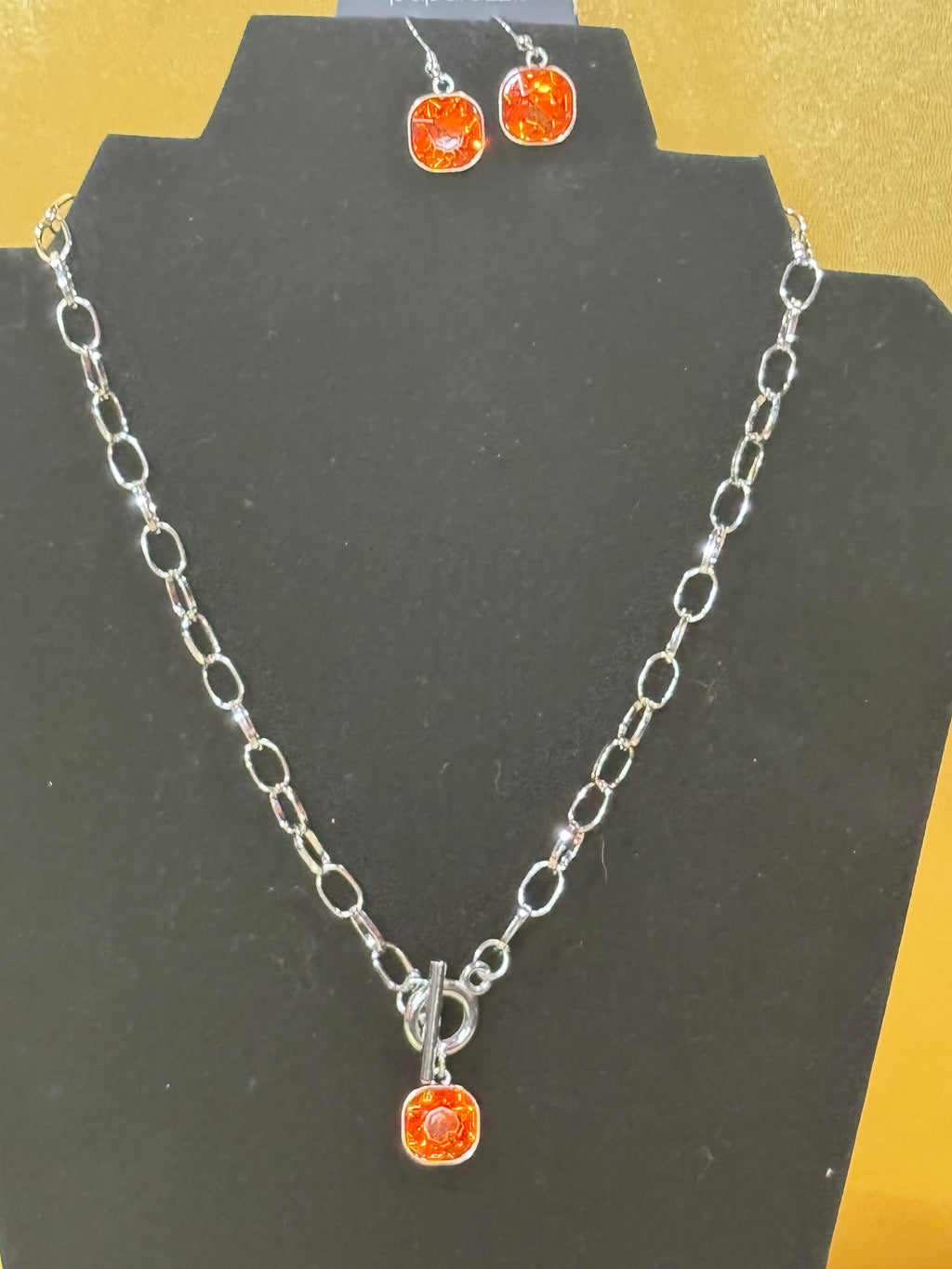 Paparazzi "Toggle-ing Act" Orange Cushion Cut Gem Silver Link Necklace & Earring Set