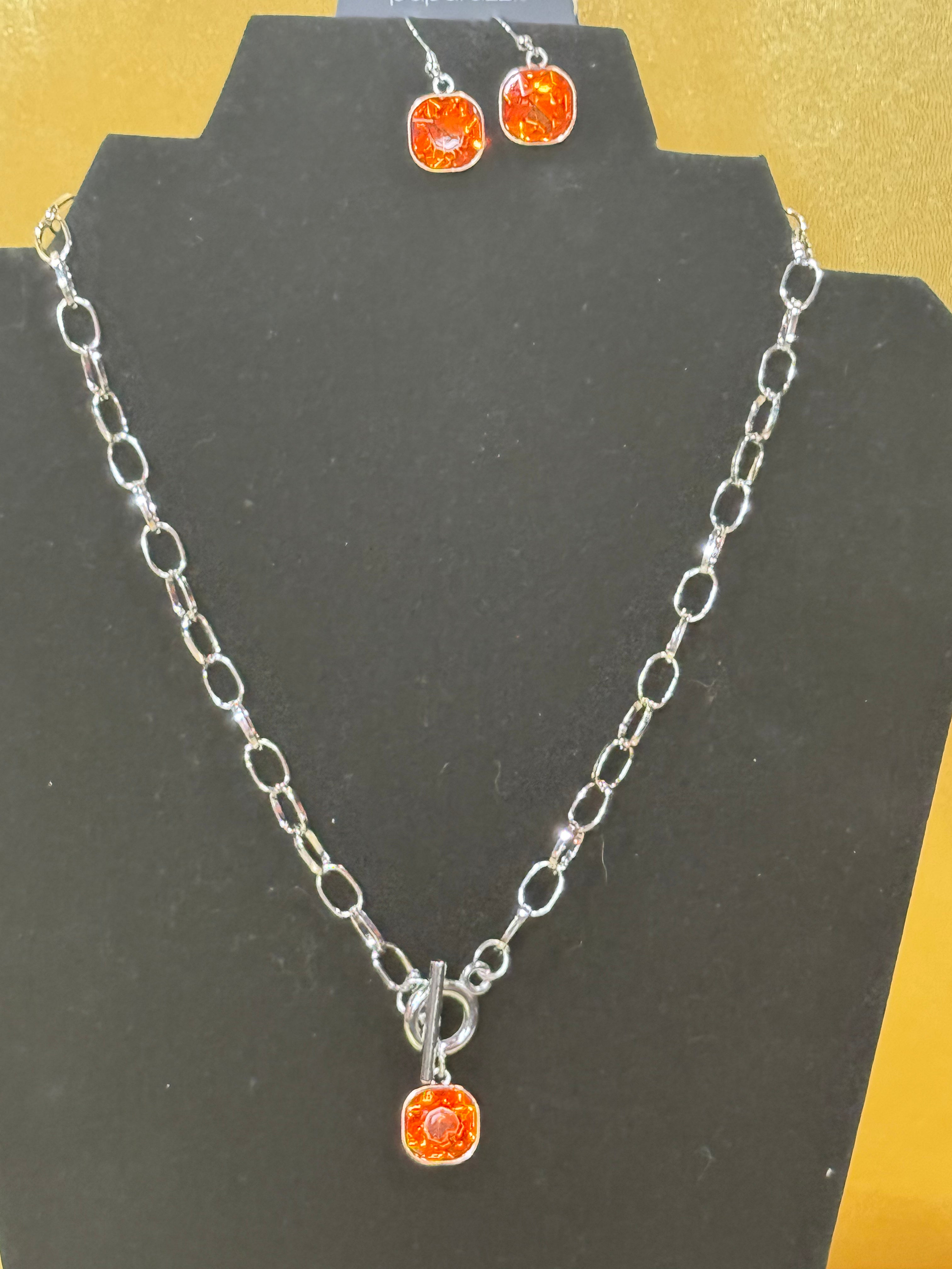 Paparazzi "Toggle-ing Act" Orange Cushion Cut Gem Silver Link Necklace & Earring Set