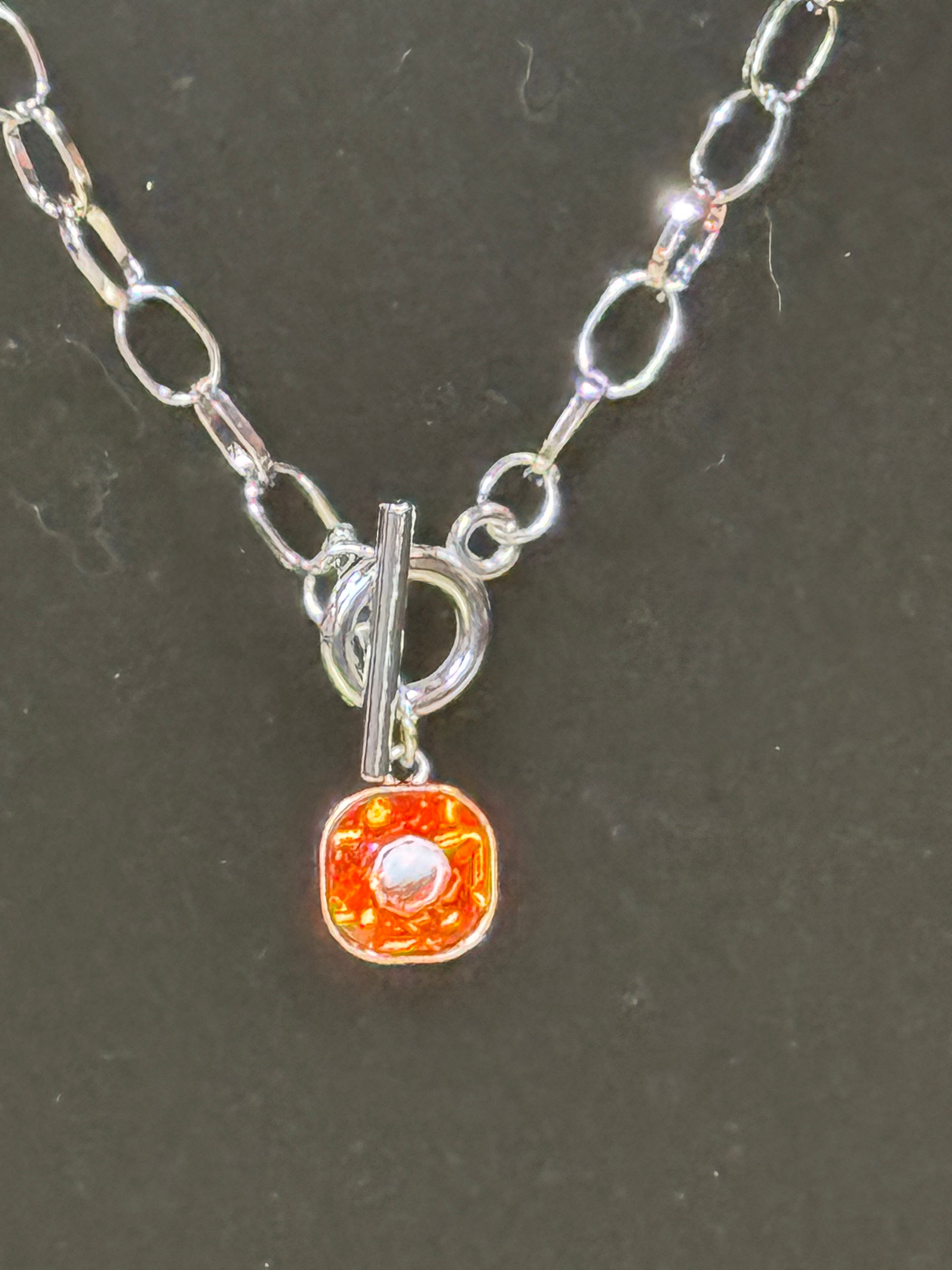 Paparazzi "Toggle-ing Act" Orange Cushion Cut Gem Silver Link Necklace & Earring Set