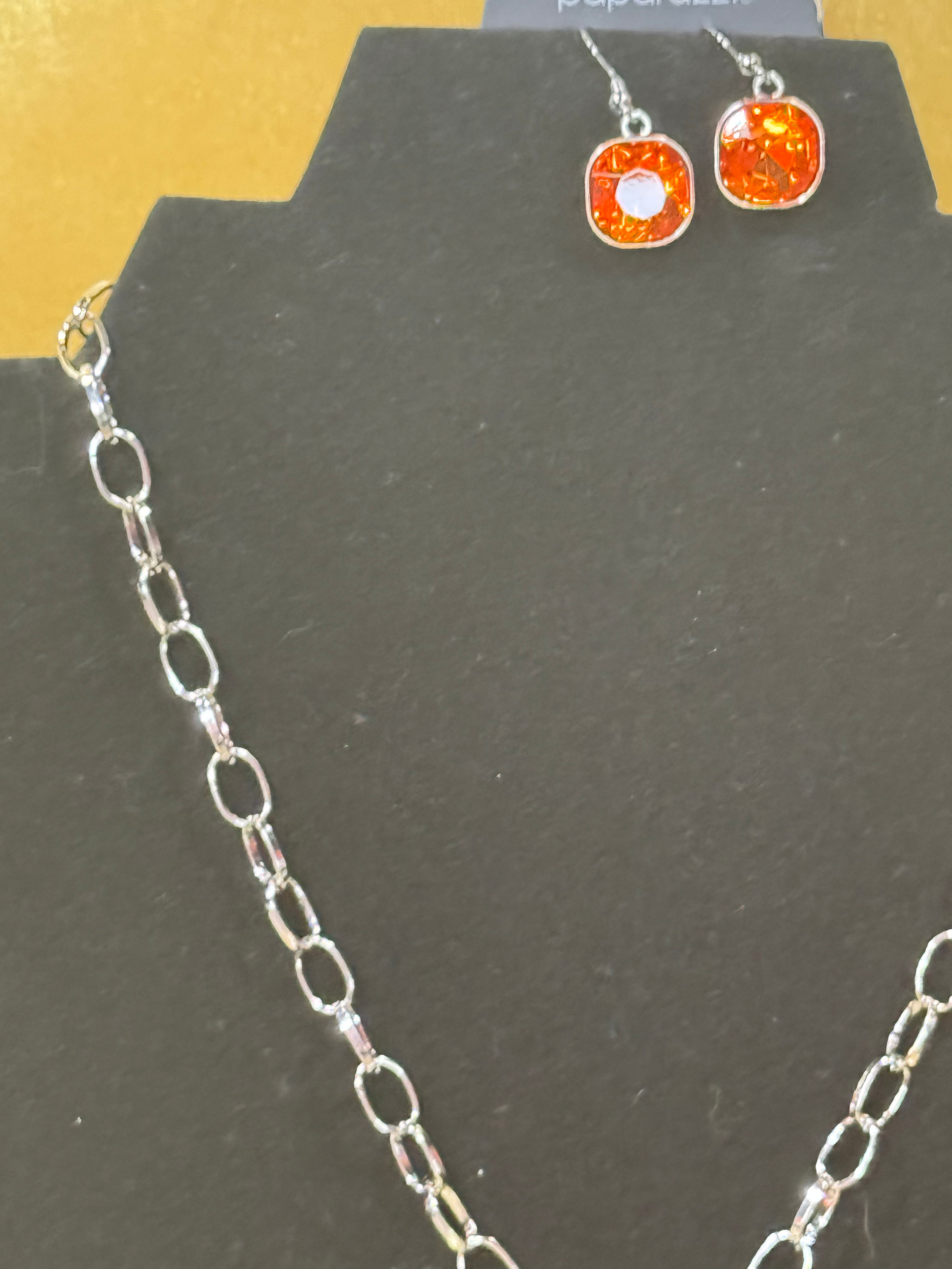 Paparazzi "Toggle-ing Act" Orange Cushion Cut Gem Silver Link Necklace & Earring Set