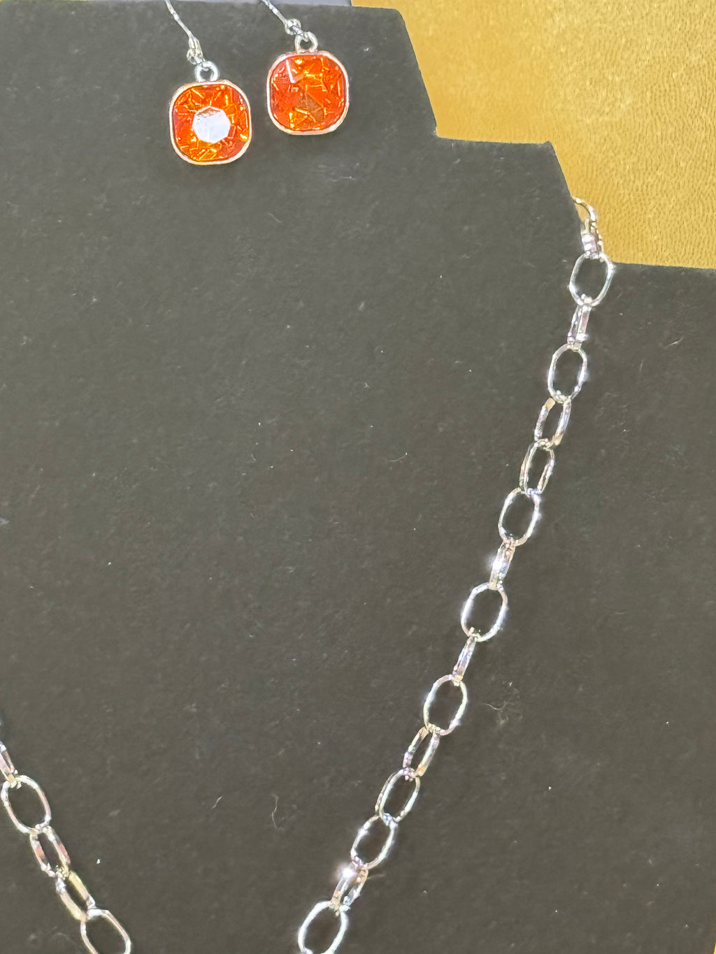 Paparazzi "Toggle-ing Act" Orange Cushion Cut Gem Silver Link Necklace & Earring Set