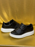Authentic Alexander McQueen Black Leather Oversized Grip-Strap Platform Sneakers - Size 37
